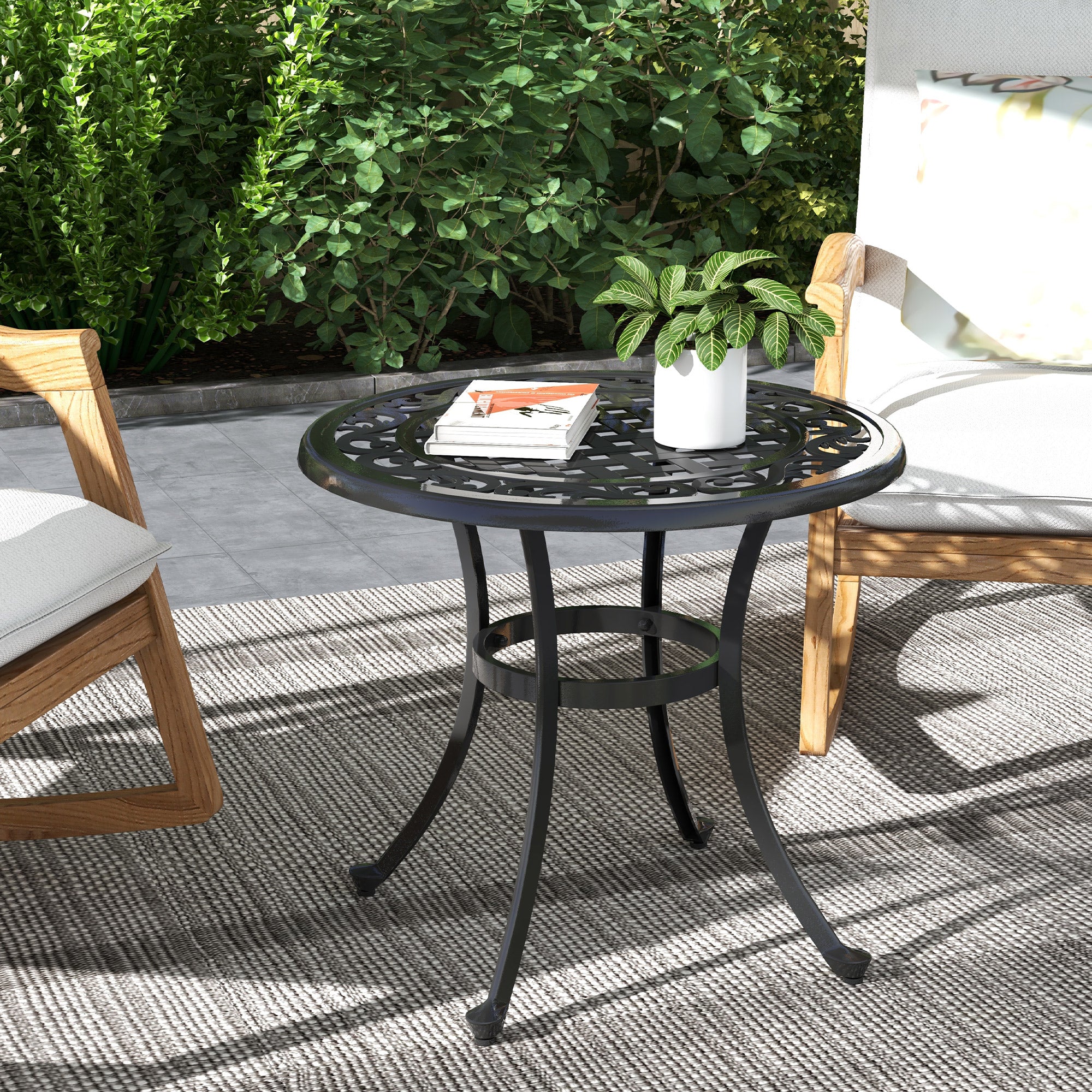 Outsunny 23.6" Patio Table, Outdoor Coffee Table, Round Hollow Top Design Side Table with Cast Aluminium Frame, Adjustable Feet for Garden, Balcony, Black