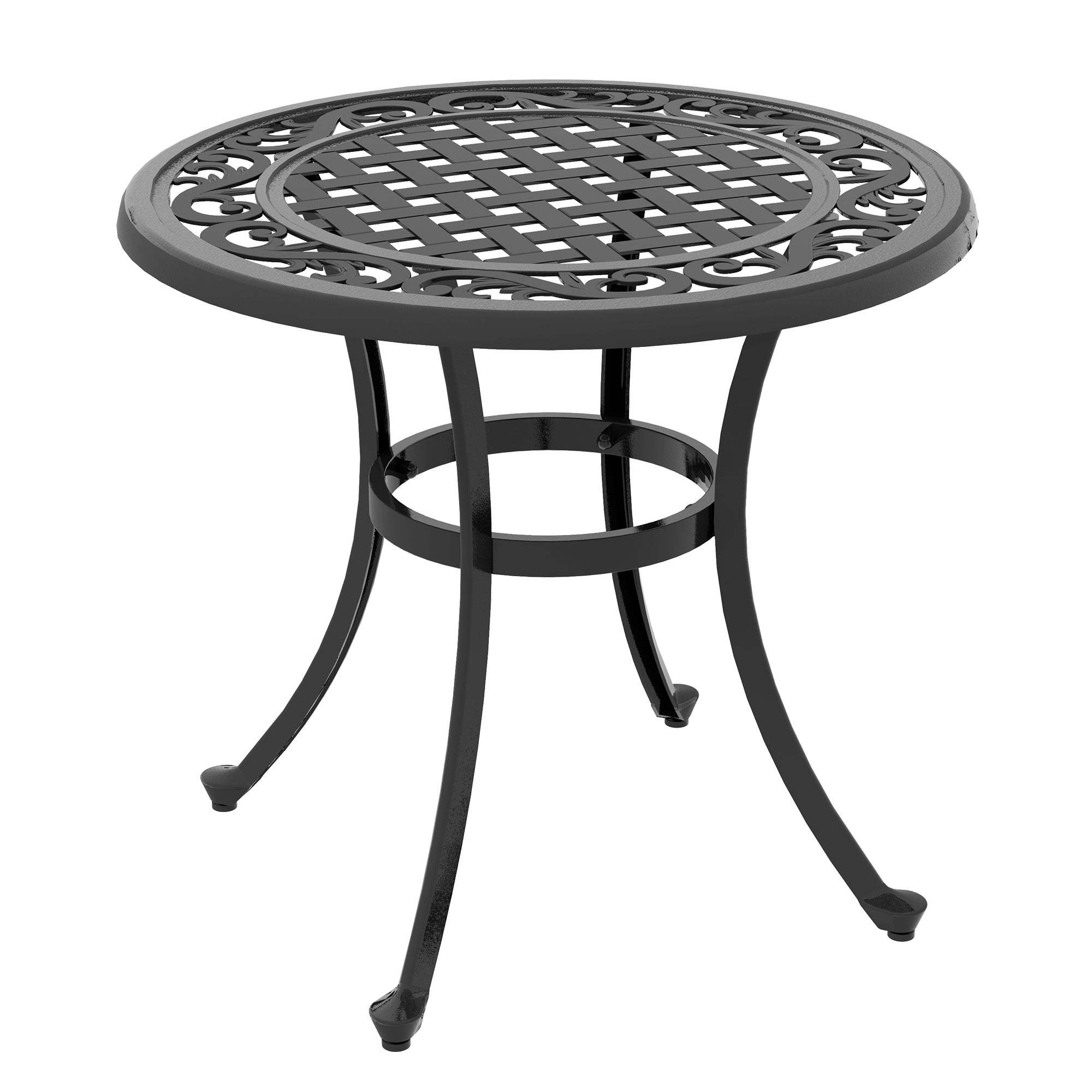 Outsunny 23.6" Patio Table, Outdoor Coffee Table, Round Hollow Top Design Side Table with Cast Aluminium Frame, Adjustable Feet for Garden, Balcony, Black