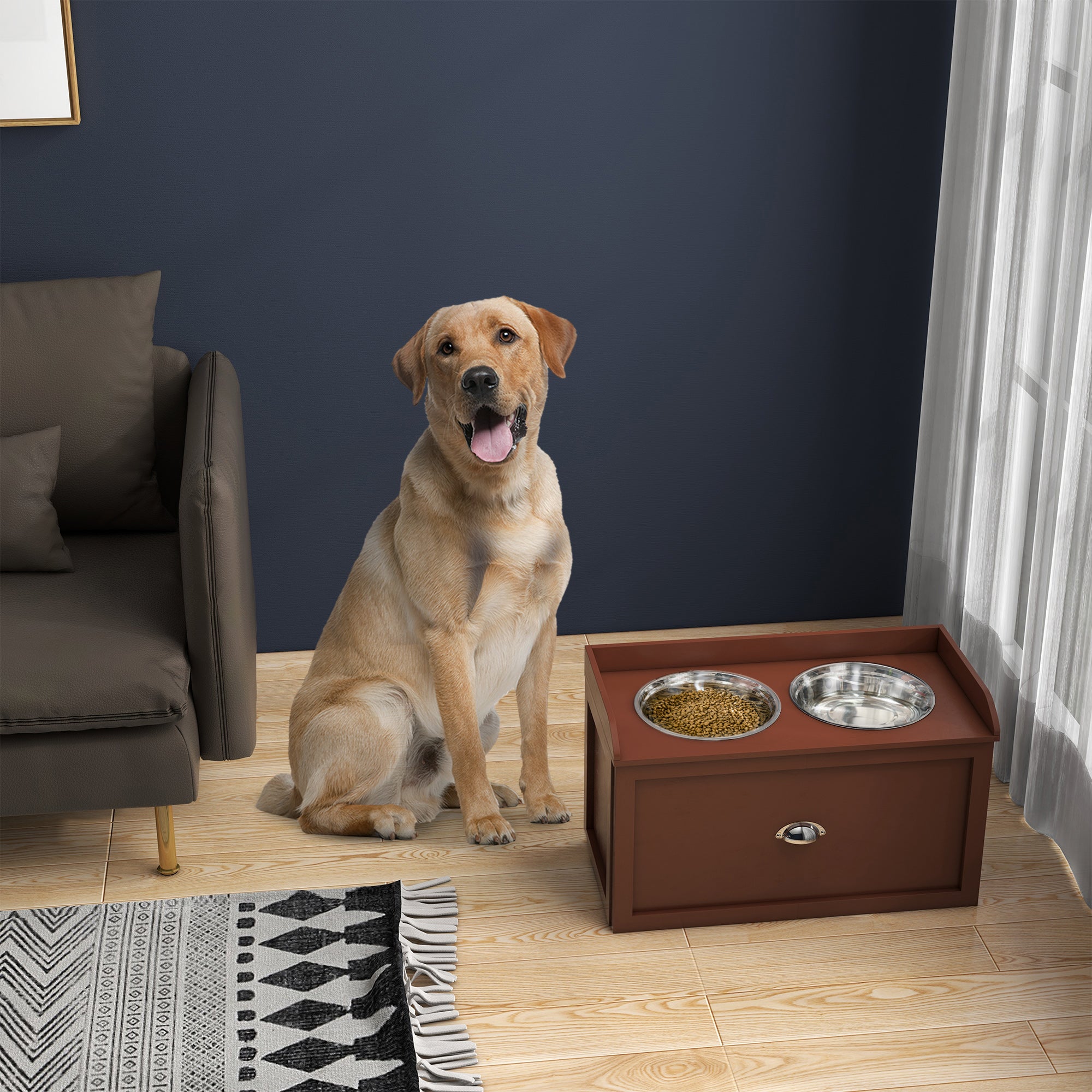 PawHut Elevated Dog Bowls for Large Dogs, Raised Pet Feeding Station with 2 Stainless Steel Bowls, Hidden Storage Drawer, Wood Stand for Cats, Brown