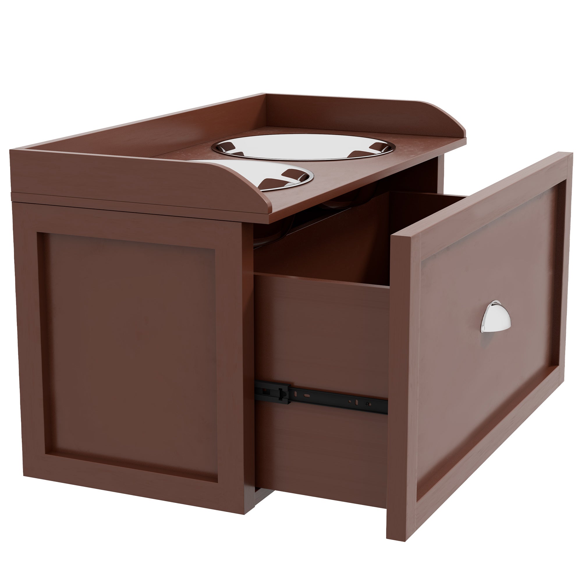 PawHut Elevated Dog Bowls for Large Dogs, Raised Pet Feeding Station with 2 Stainless Steel Bowls, Hidden Storage Drawer, Wood Stand for Cats, Brown