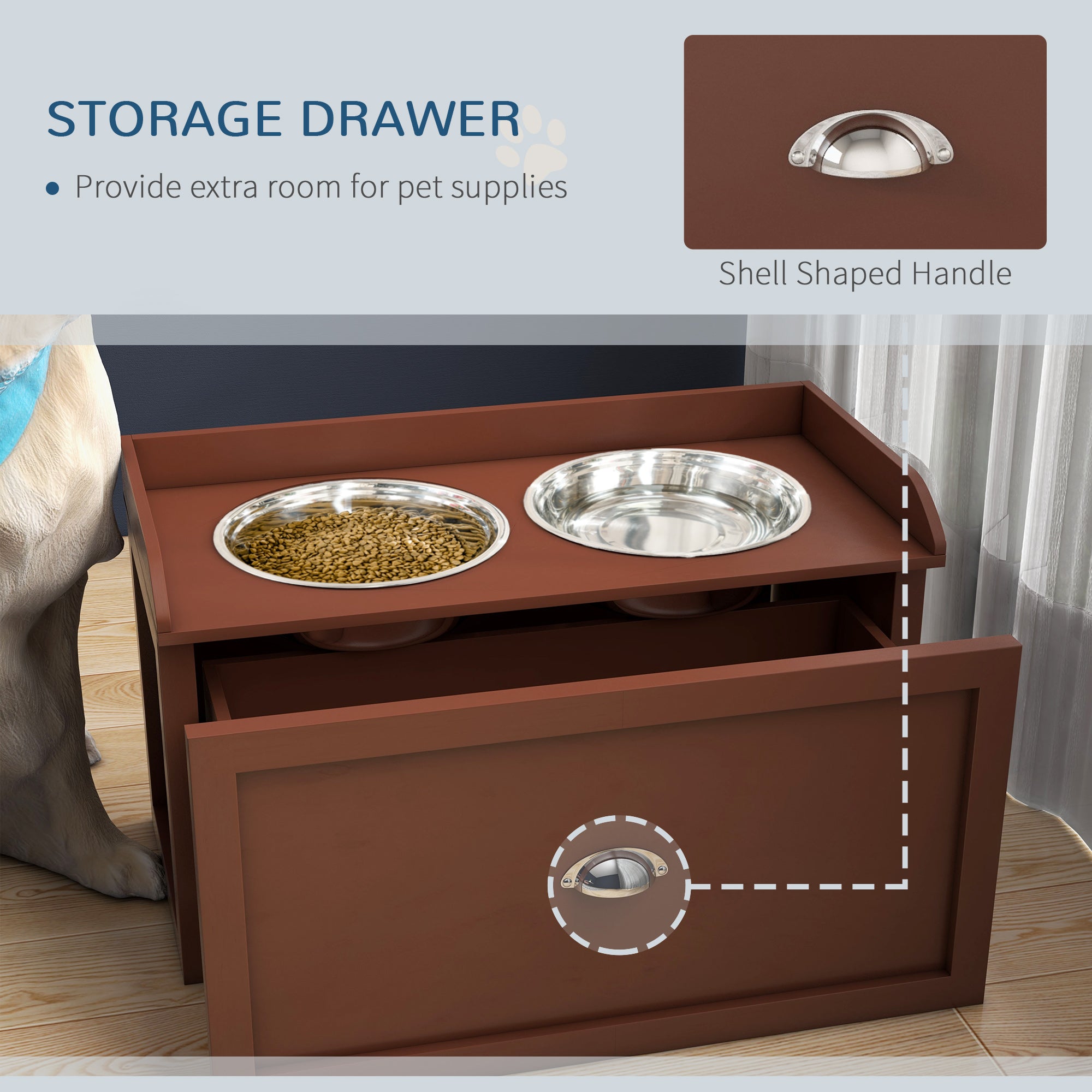 PawHut Elevated Dog Bowls for Large Dogs, Raised Pet Feeding Station with 2 Stainless Steel Bowls, Hidden Storage Drawer, Wood Stand for Cats, Brown