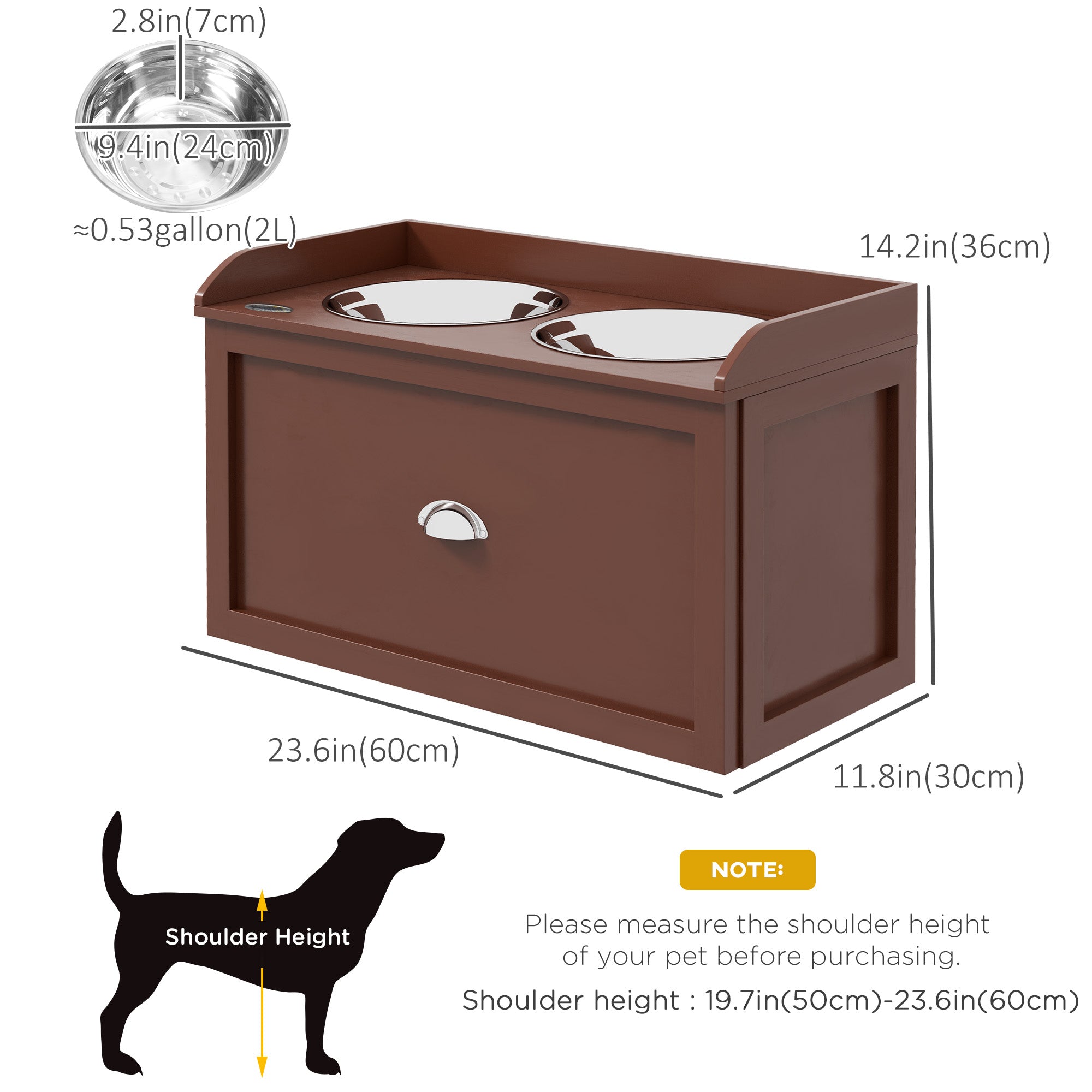 PawHut Elevated Dog Bowls for Large Dogs, Raised Pet Feeding Station with 2 Stainless Steel Bowls, Hidden Storage Drawer, Wood Stand for Cats, Brown