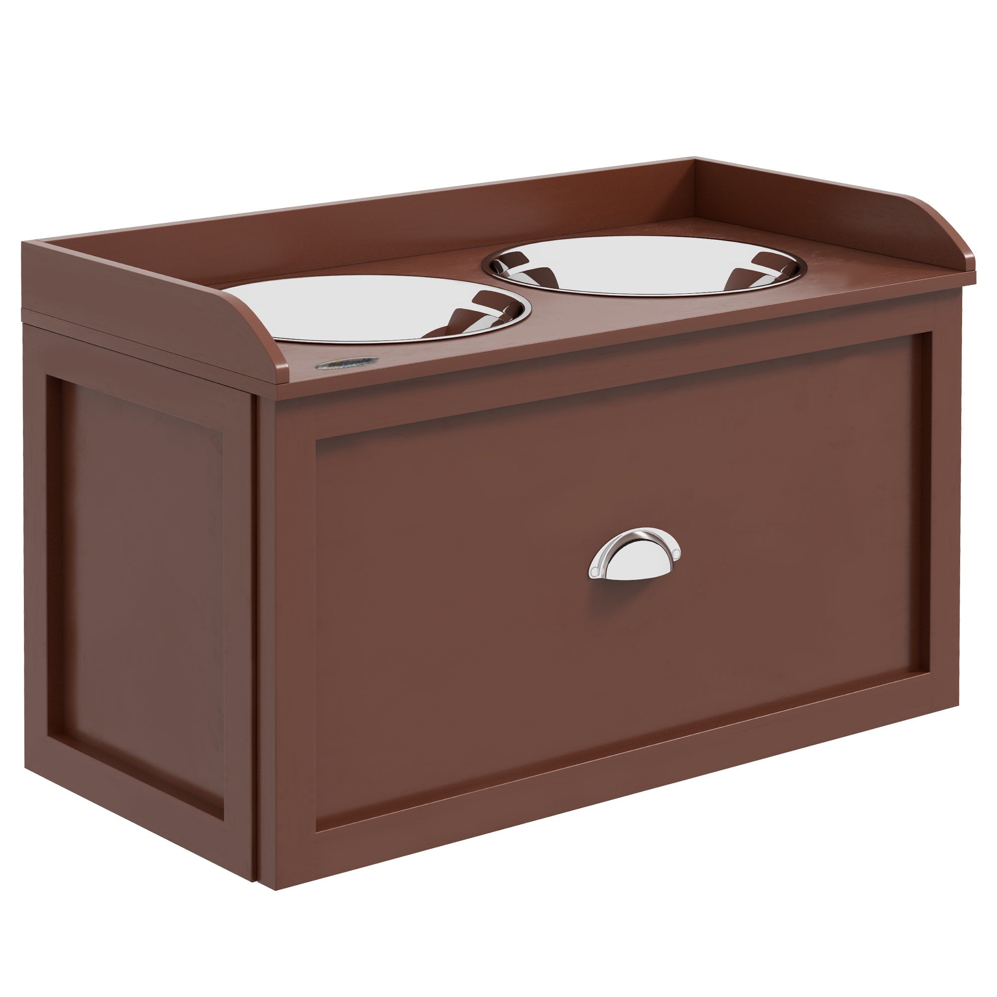 PawHut Elevated Dog Bowls for Large Dogs, Raised Pet Feeding Station with 2 Stainless Steel Bowls, Hidden Storage Drawer, Wood Stand for Cats, Brown