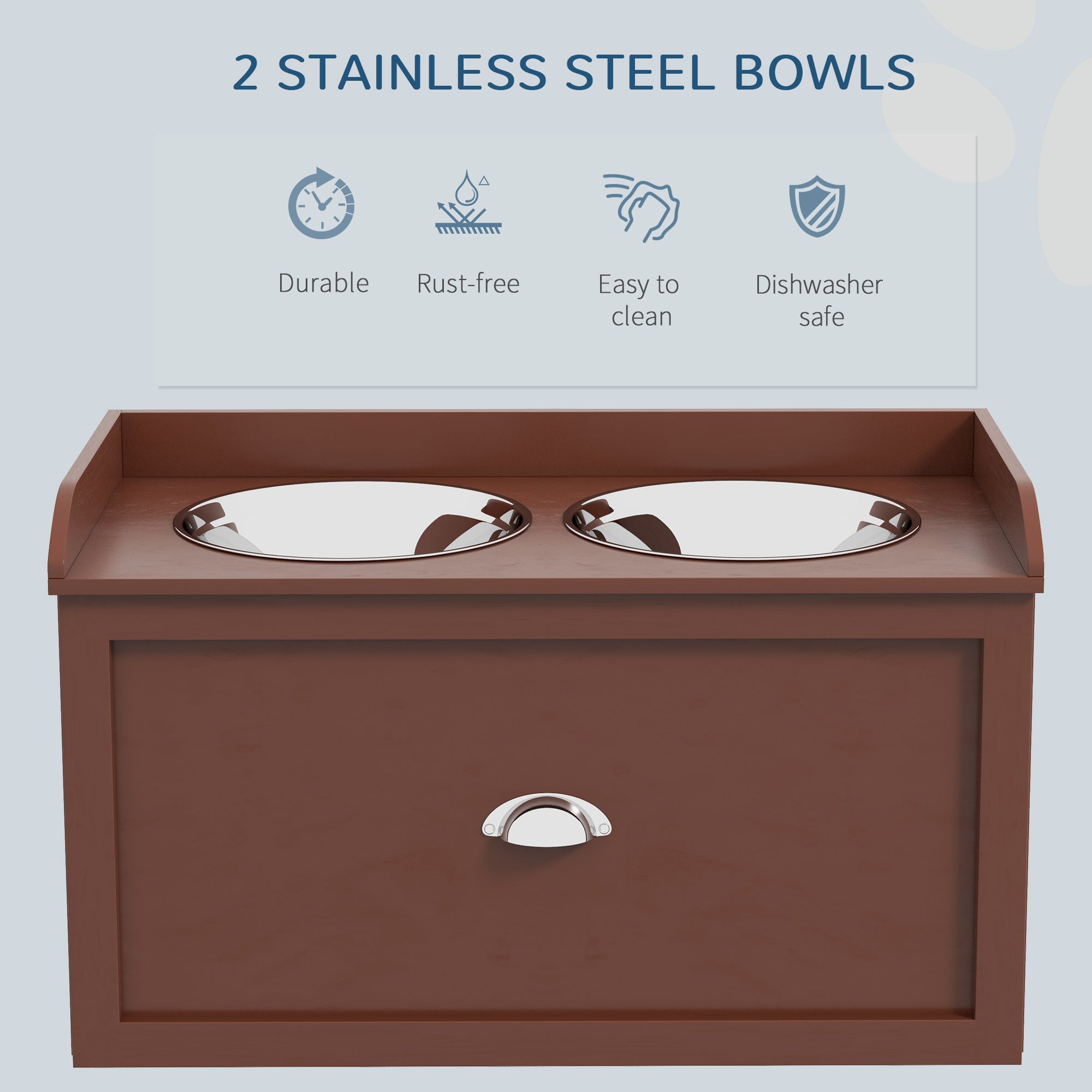 PawHut Elevated Dog Bowls for Large Dogs, Raised Pet Feeding Station with 2 Stainless Steel Bowls, Hidden Storage Drawer, Wood Stand for Cats, Brown