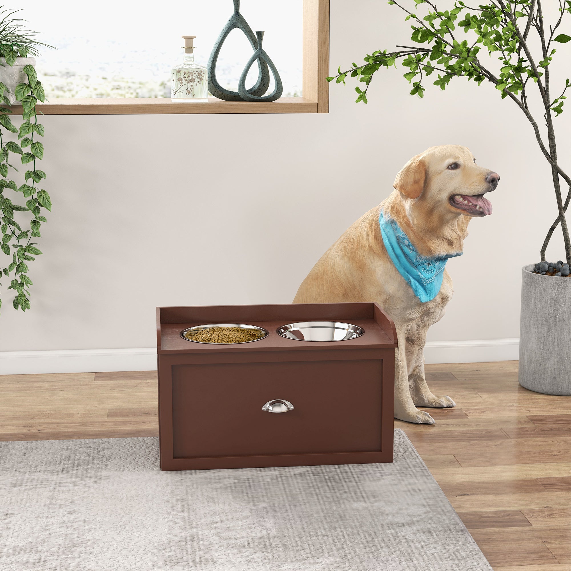 PawHut Elevated Dog Bowls for Large Dogs, Raised Pet Feeding Station with 2 Stainless Steel Bowls, Hidden Storage Drawer, Wood Stand for Cats, Brown