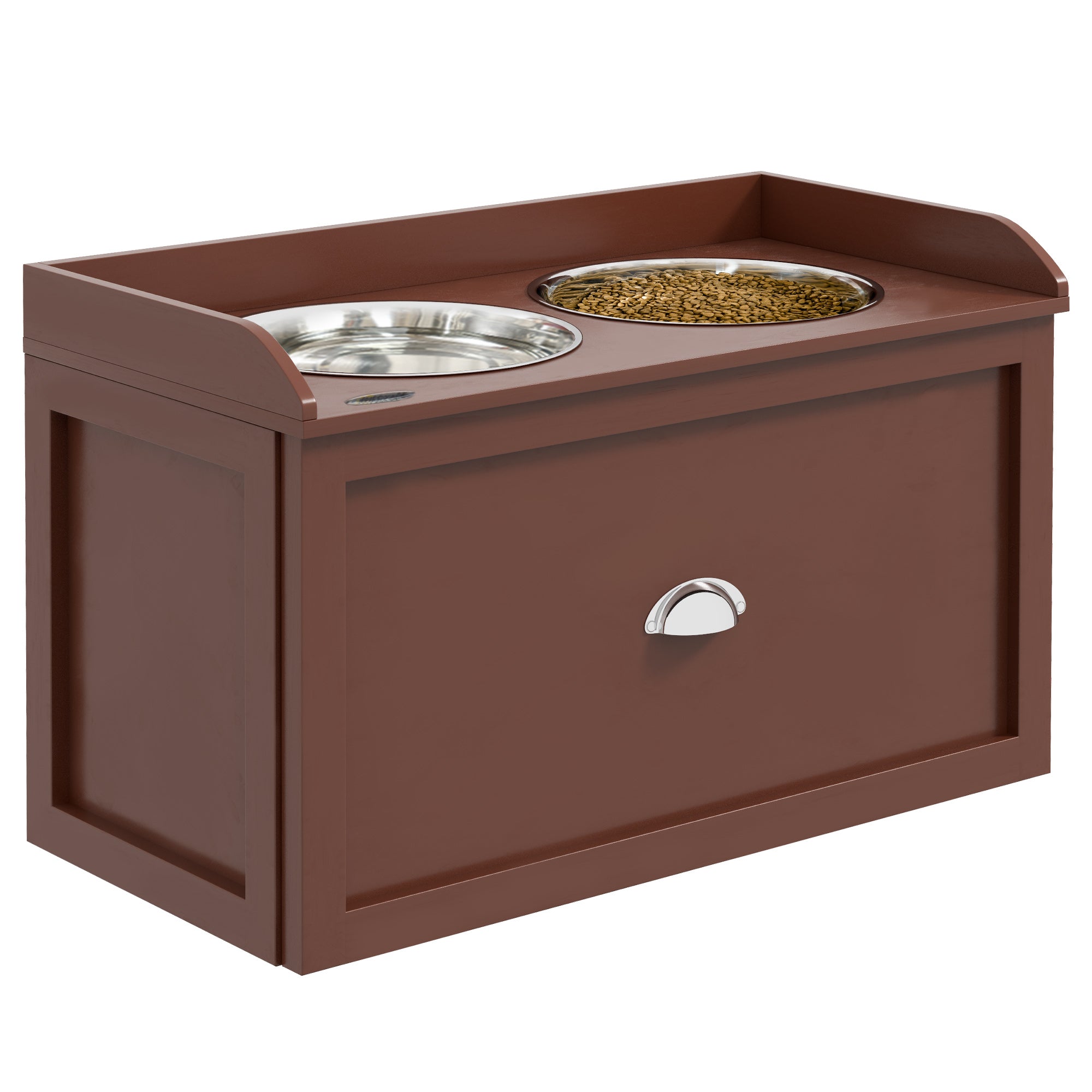 PawHut Elevated Dog Bowls for Large Dogs, Raised Pet Feeding Station with 2 Stainless Steel Bowls, Hidden Storage Drawer, Wood Stand for Cats, Brown