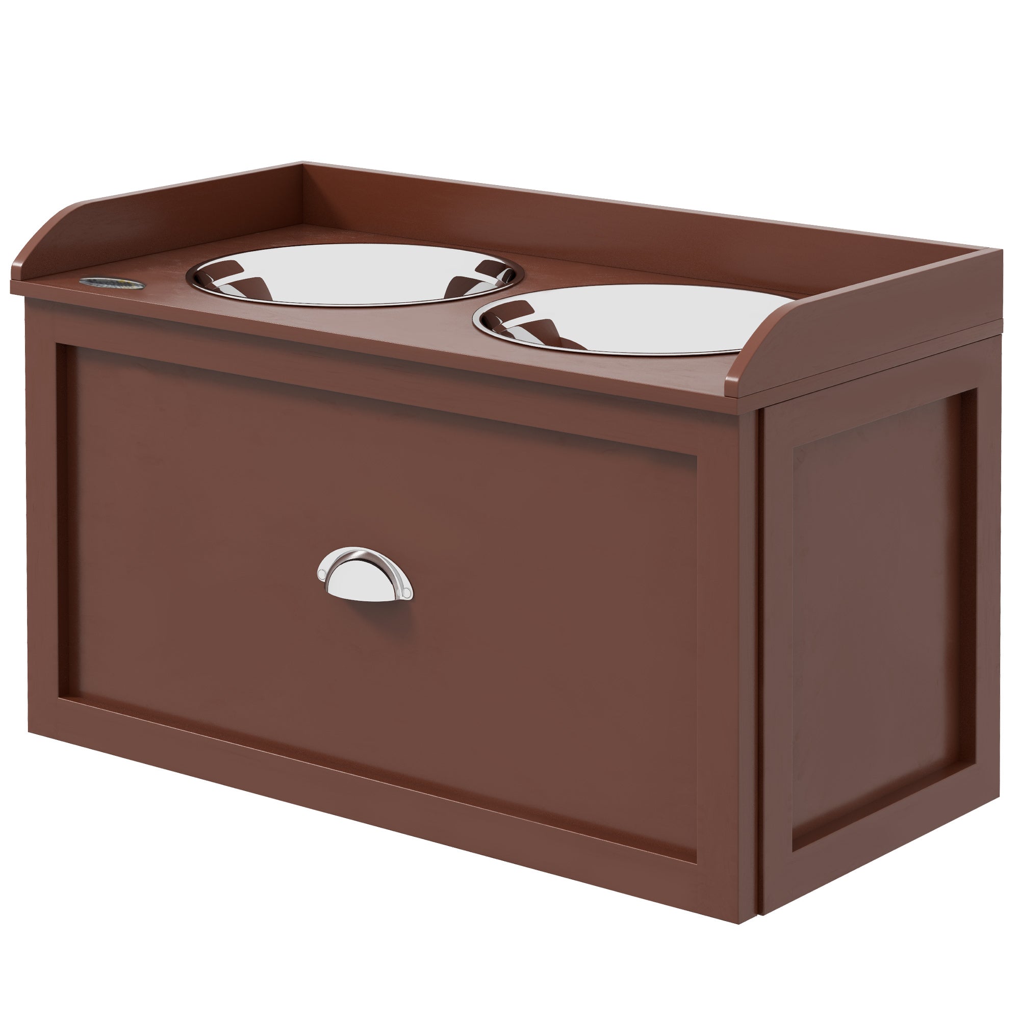 PawHut Elevated Dog Bowls for Large Dogs, Raised Pet Feeding Station with 2 Stainless Steel Bowls, Hidden Storage Drawer, Wood Stand for Cats, Brown