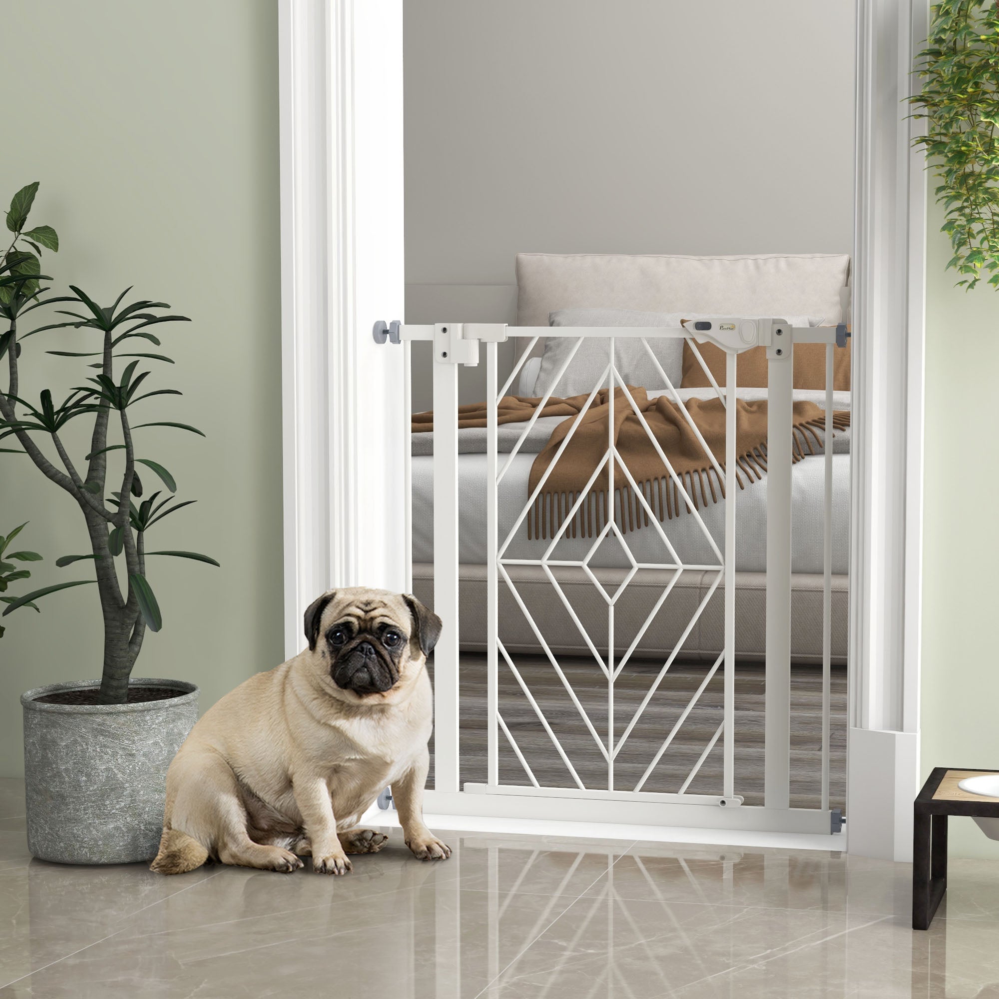 PawHut Pressure Fit Safety Gate for Doorways and Staircases, Dog Gate with Auto Closing Door, Pet Barrier for Hallways with Double Locking, Openings 74-80cm - White