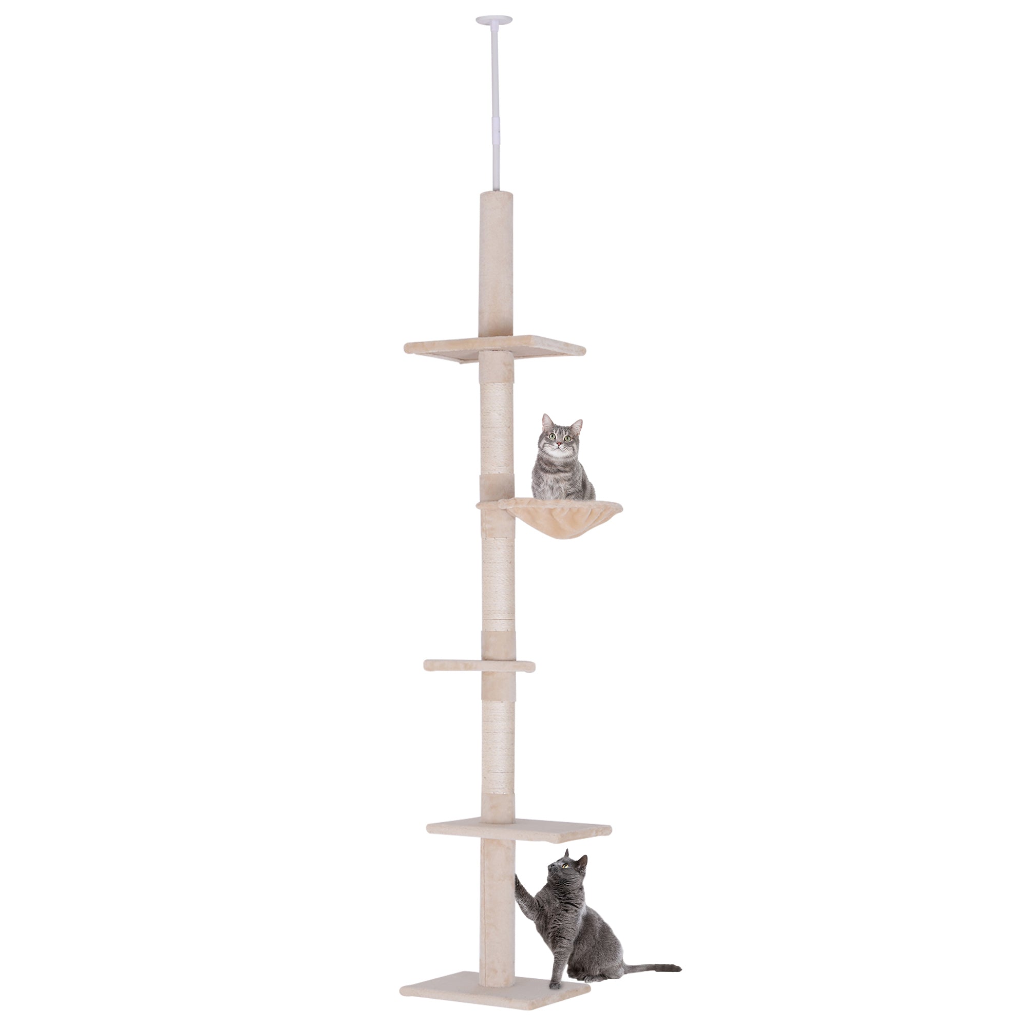 PawHut 8.5ft Cat Climbing Tree 5-Tier Kitty Activity Center Floor-to-Ceiling Cat Climber Toy with Scratching Post Play Rest Post Pet Furniture Beige