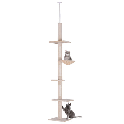 PawHut 8.5ft Cat Climbing Tree 5-Tier Kitty Activity Center Floor-to-Ceiling Cat Climber Toy with Scratching Post Play Rest Post Pet Furniture Beige