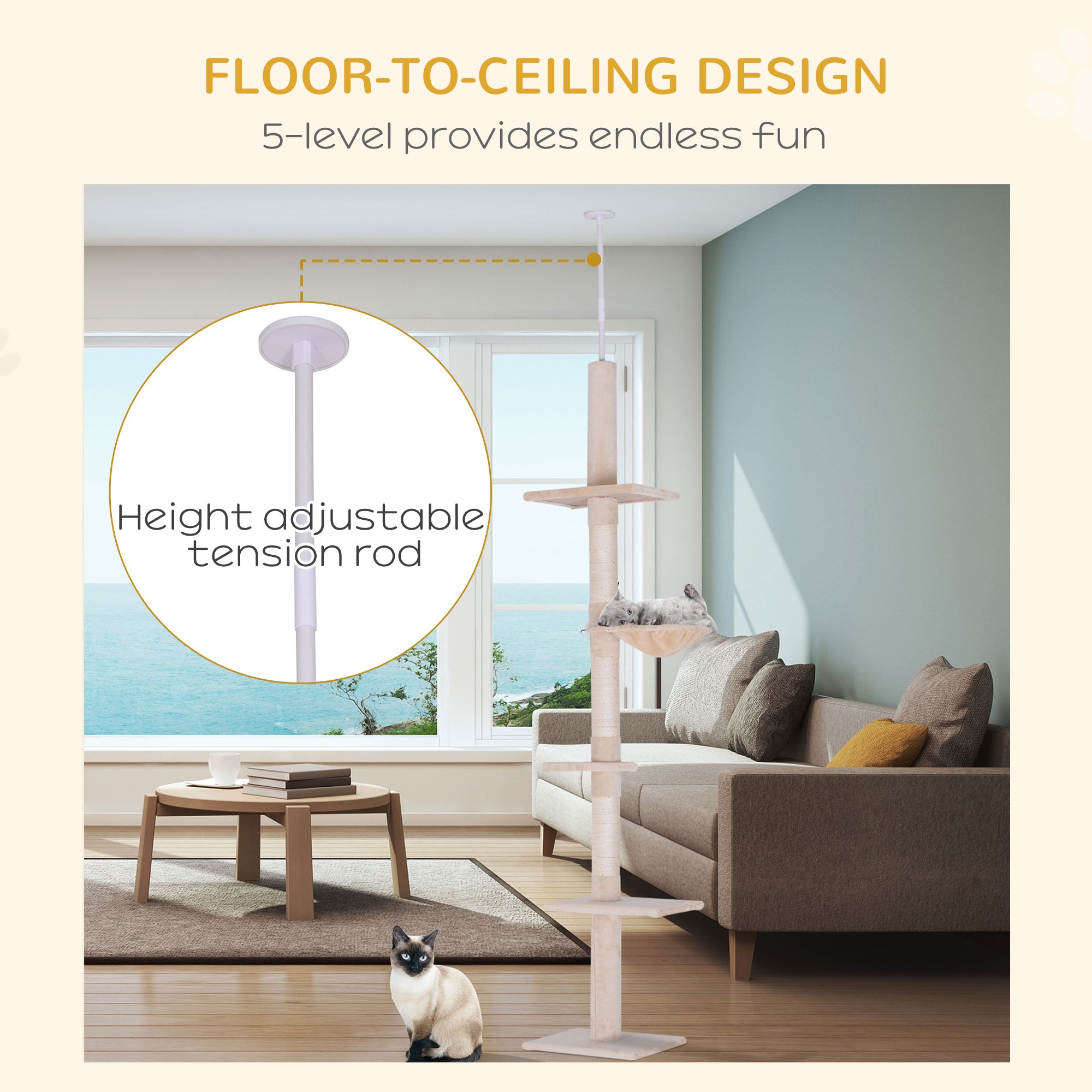 PawHut 8.5ft Cat Climbing Tree 5-Tier Kitty Activity Center Floor-to-Ceiling Cat Climber Toy with Scratching Post Play Rest Post Pet Furniture Beige