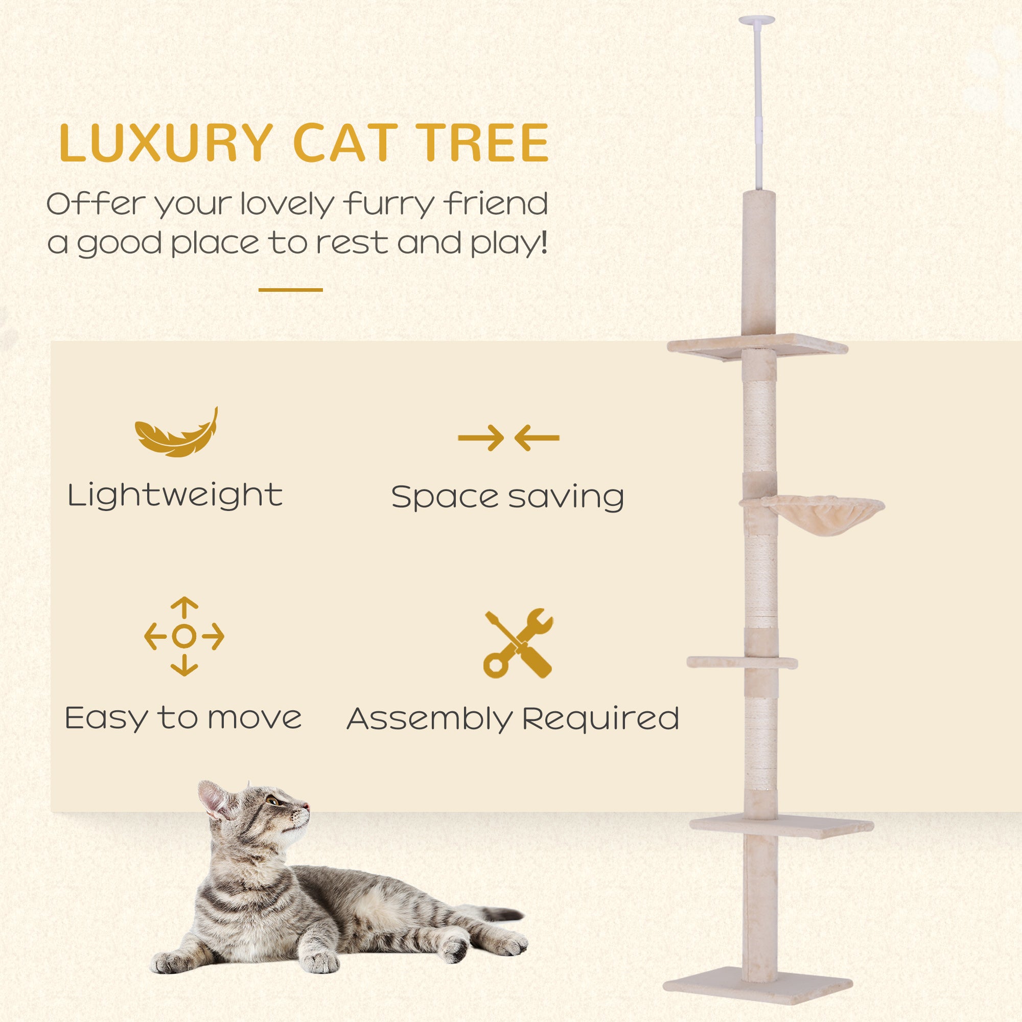 PawHut 8.5ft Cat Climbing Tree 5-Tier Kitty Activity Center Floor-to-Ceiling Cat Climber Toy with Scratching Post Play Rest Post Pet Furniture Beige