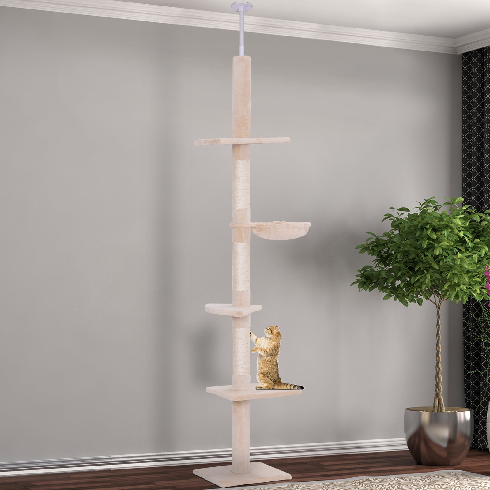 PawHut 8.5ft Cat Climbing Tree 5-Tier Kitty Activity Center Floor-to-Ceiling Cat Climber Toy with Scratching Post Play Rest Post Pet Furniture Beige