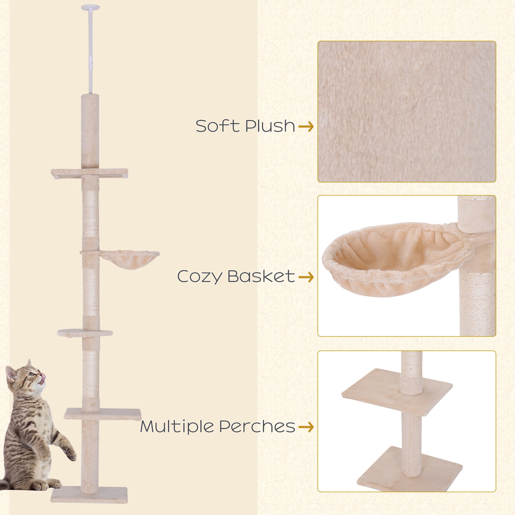 PawHut 8.5ft Cat Climbing Tree 5-Tier Kitty Activity Center Floor-to-Ceiling Cat Climber Toy with Scratching Post Play Rest Post Pet Furniture Beige