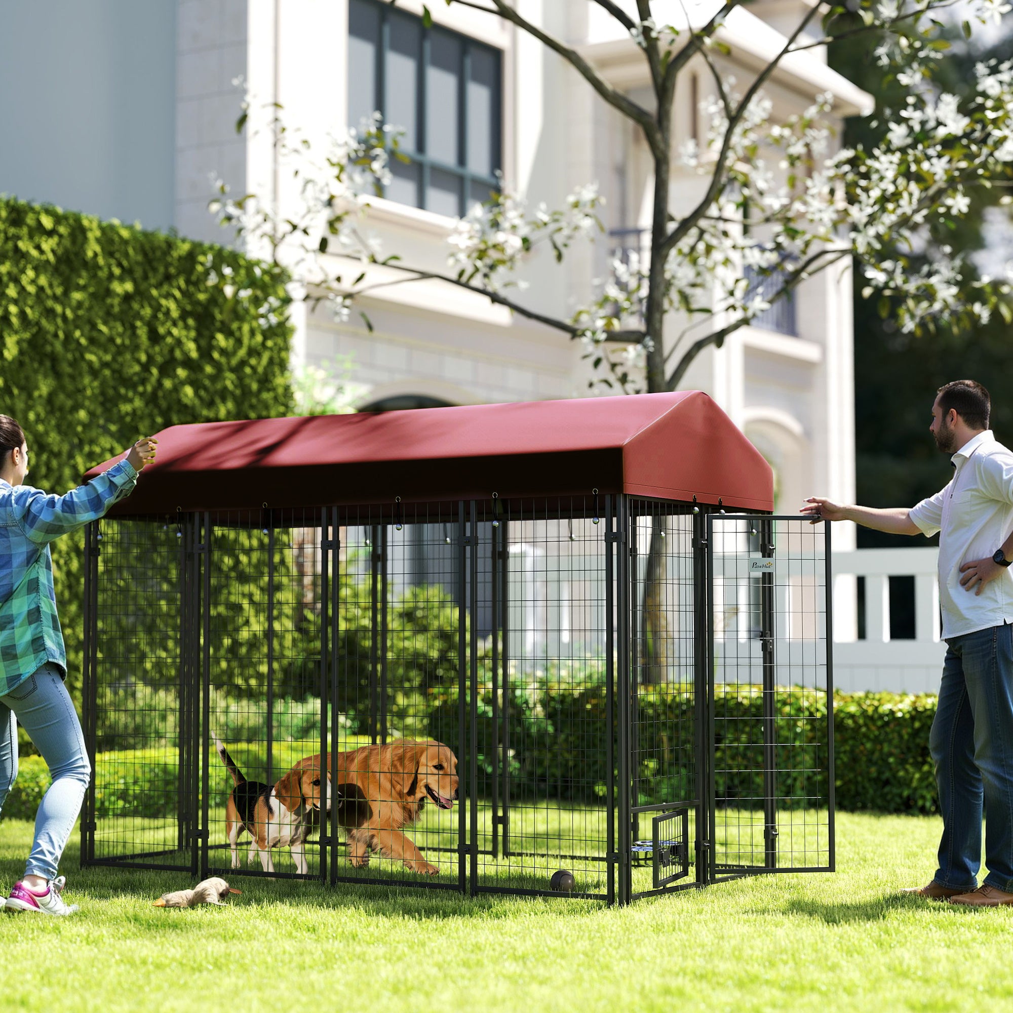 PawHut 8' x 4' x 6' Outdoor Dog Kennel, Dog Playpen with Rotating Bowl Holders, Walk-in Heavy Duty Dog Cage with Waterproof UV Protection Cover, Red