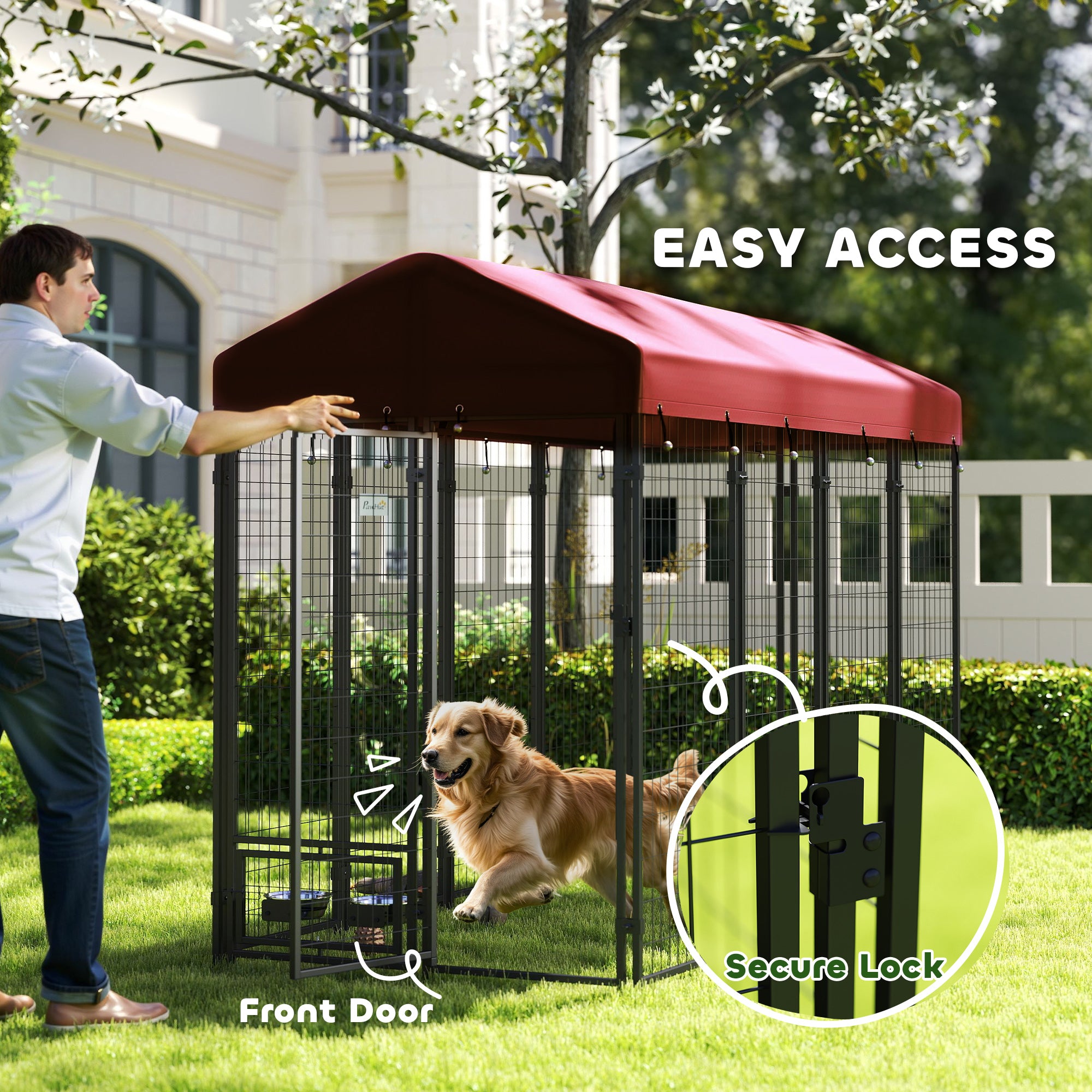 PawHut 8' x 4' x 6' Outdoor Dog Kennel, Dog Playpen with Rotating Bowl Holders, Walk-in Heavy Duty Dog Cage with Waterproof UV Protection Cover, Red