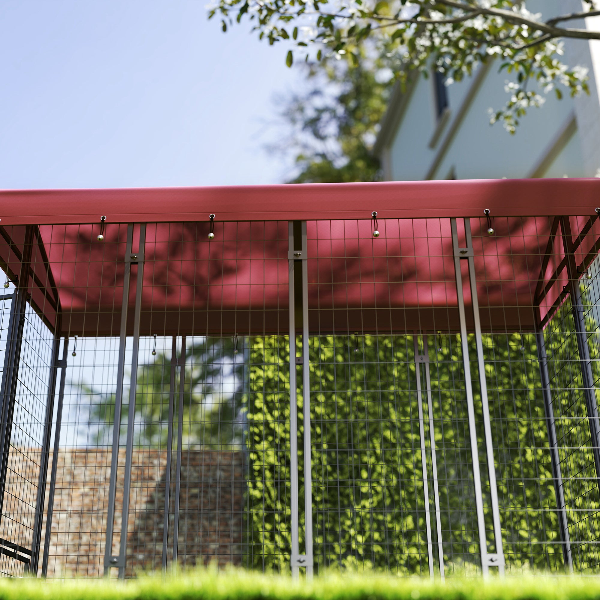 PawHut 8' x 4' x 6' Outdoor Dog Kennel, Dog Playpen with Rotating Bowl Holders, Walk-in Heavy Duty Dog Cage with Waterproof UV Protection Cover, Red