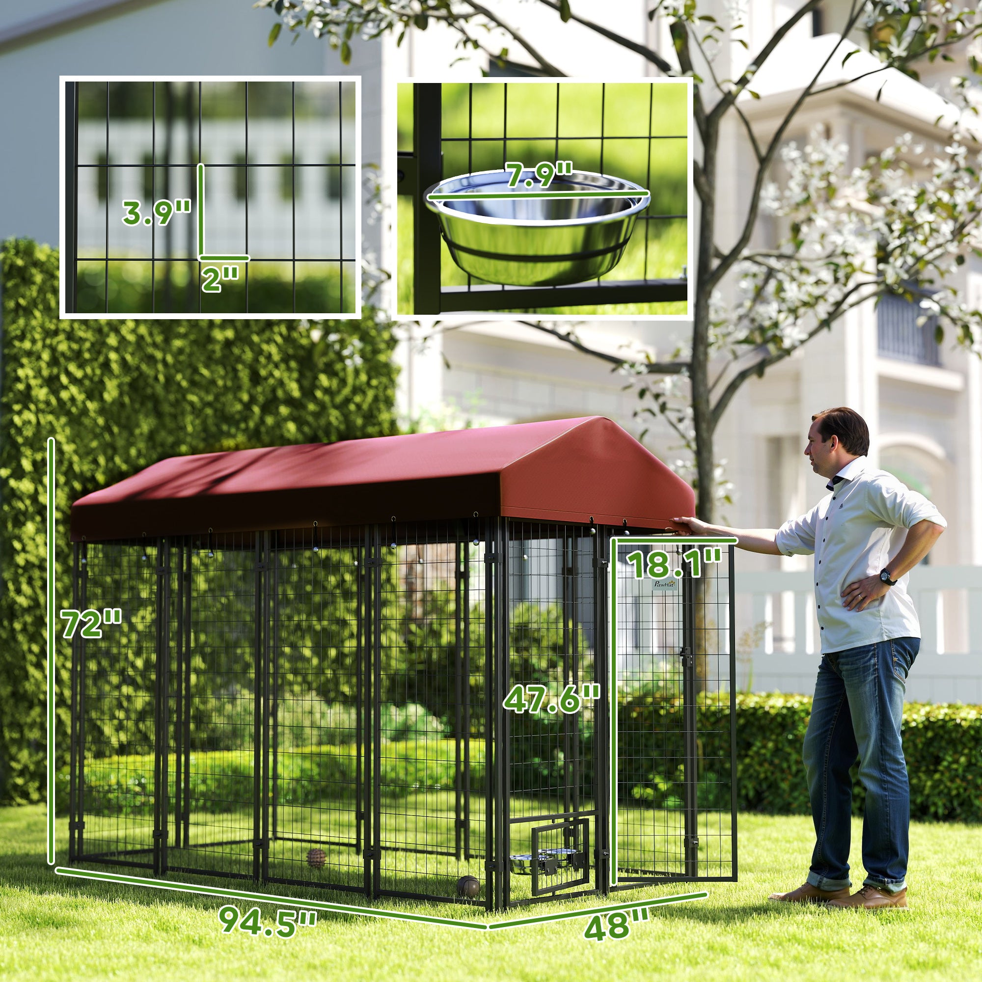 PawHut 8' x 4' x 6' Outdoor Dog Kennel, Dog Playpen with Rotating Bowl Holders, Walk-in Heavy Duty Dog Cage with Waterproof UV Protection Cover, Red
