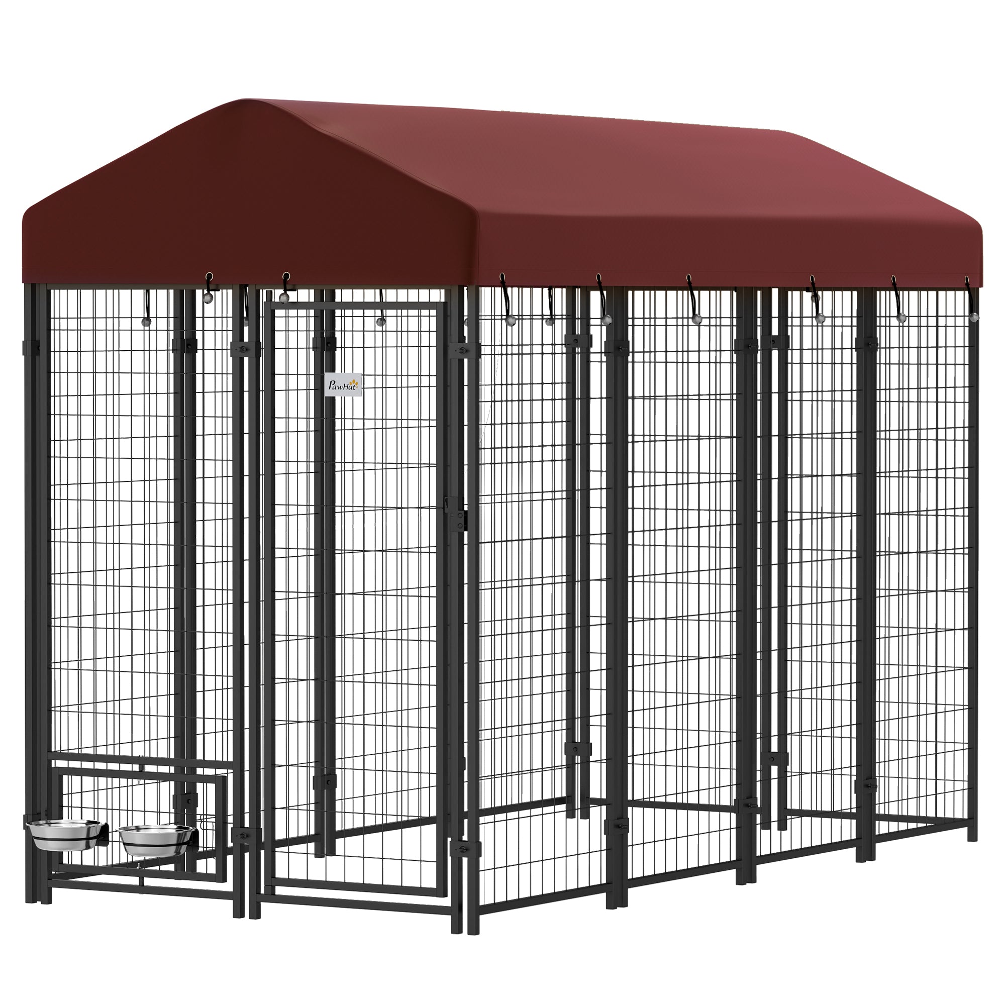 PawHut 8' x 4' x 6' Outdoor Dog Kennel, Dog Playpen with Rotating Bowl Holders, Walk-in Heavy Duty Dog Cage with Waterproof UV Protection Cover, Red