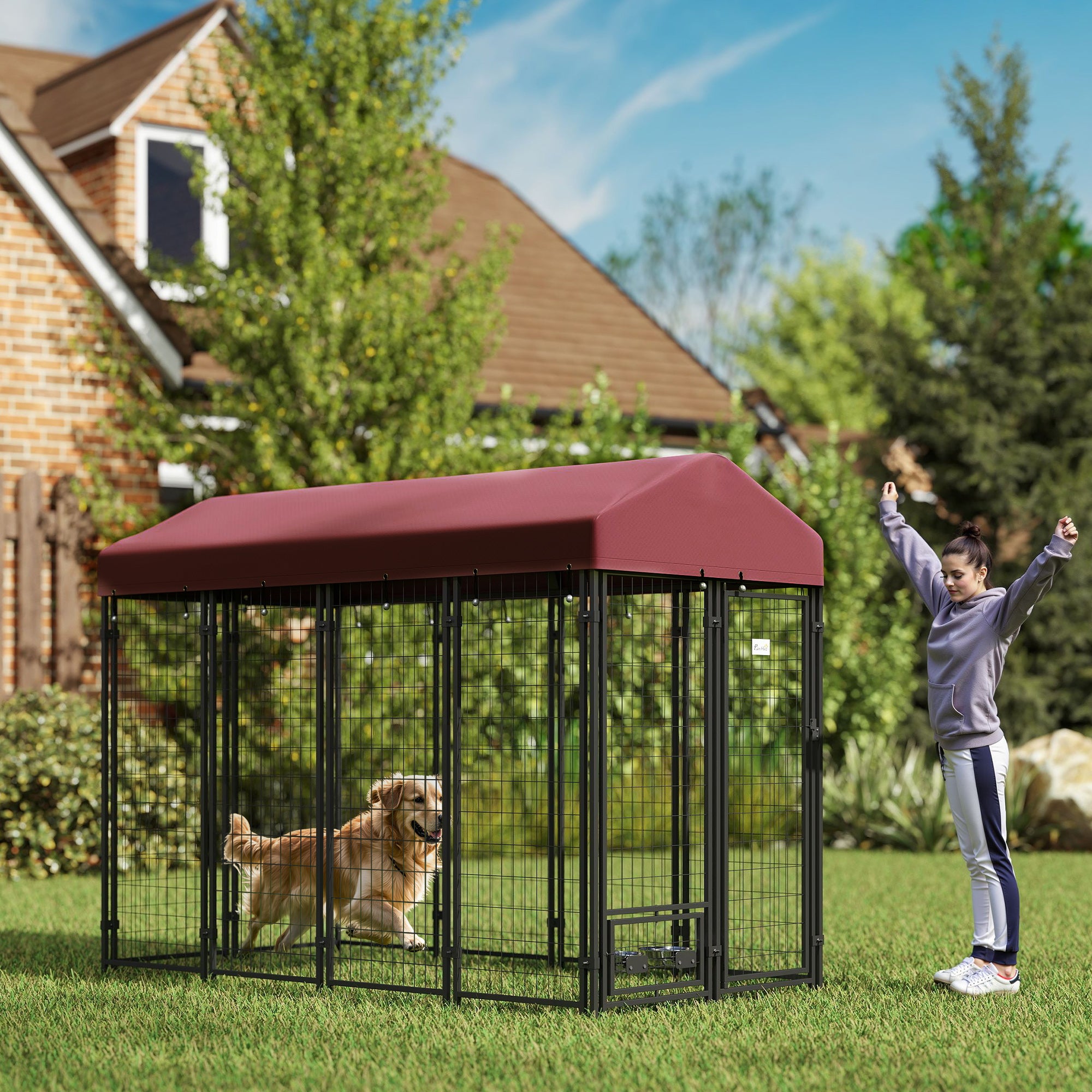 PawHut 8' x 4' x 6' Outdoor Dog Kennel, Dog Playpen with Rotating Bowl Holders, Walk-in Heavy Duty Dog Cage with Waterproof UV Protection Cover, Red