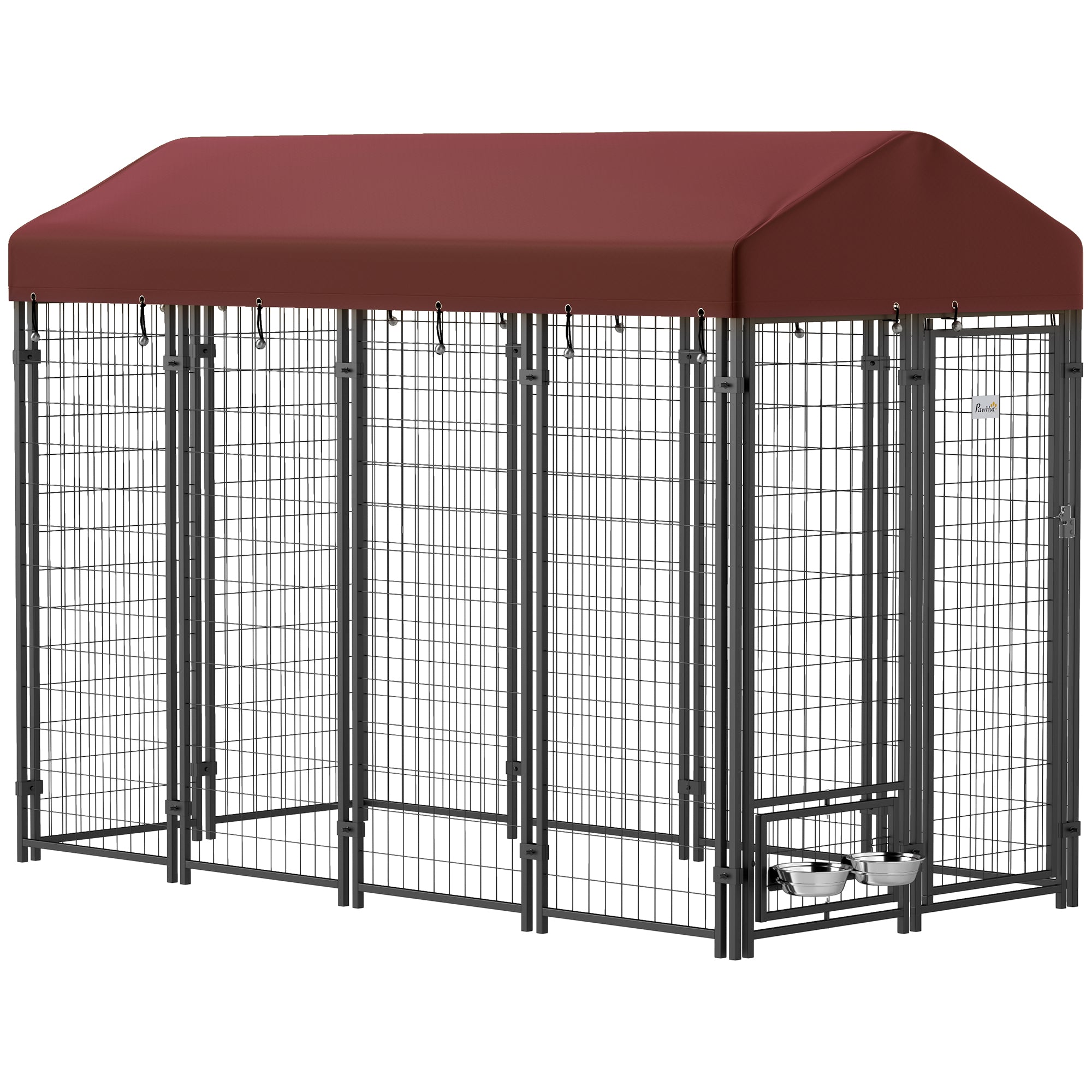 PawHut 8' x 4' x 6' Outdoor Dog Kennel, Dog Playpen with Rotating Bowl Holders, Walk-in Heavy Duty Dog Cage with Waterproof UV Protection Cover, Red
