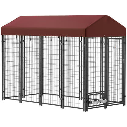 PawHut 8' x 4' x 6' Outdoor Dog Kennel, Dog Playpen with Rotating Bowl Holders, Walk-in Heavy Duty Dog Cage with Waterproof UV Protection Cover, Red