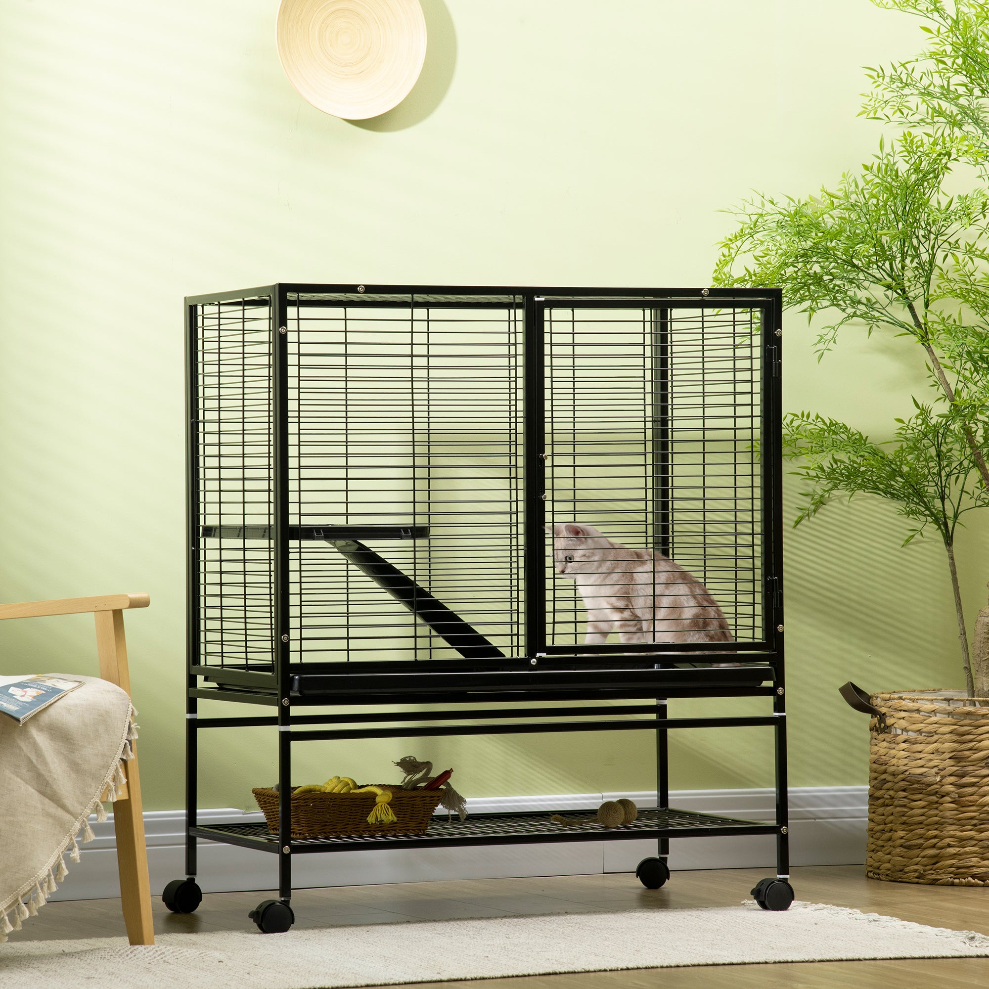 PawHut 42" Small Animal Cage with Wheels Removable Tray, 2-Tier Pet Playpen for Ferrets Chinchillas Guinea Pigs Kittens with Platform, Ramp