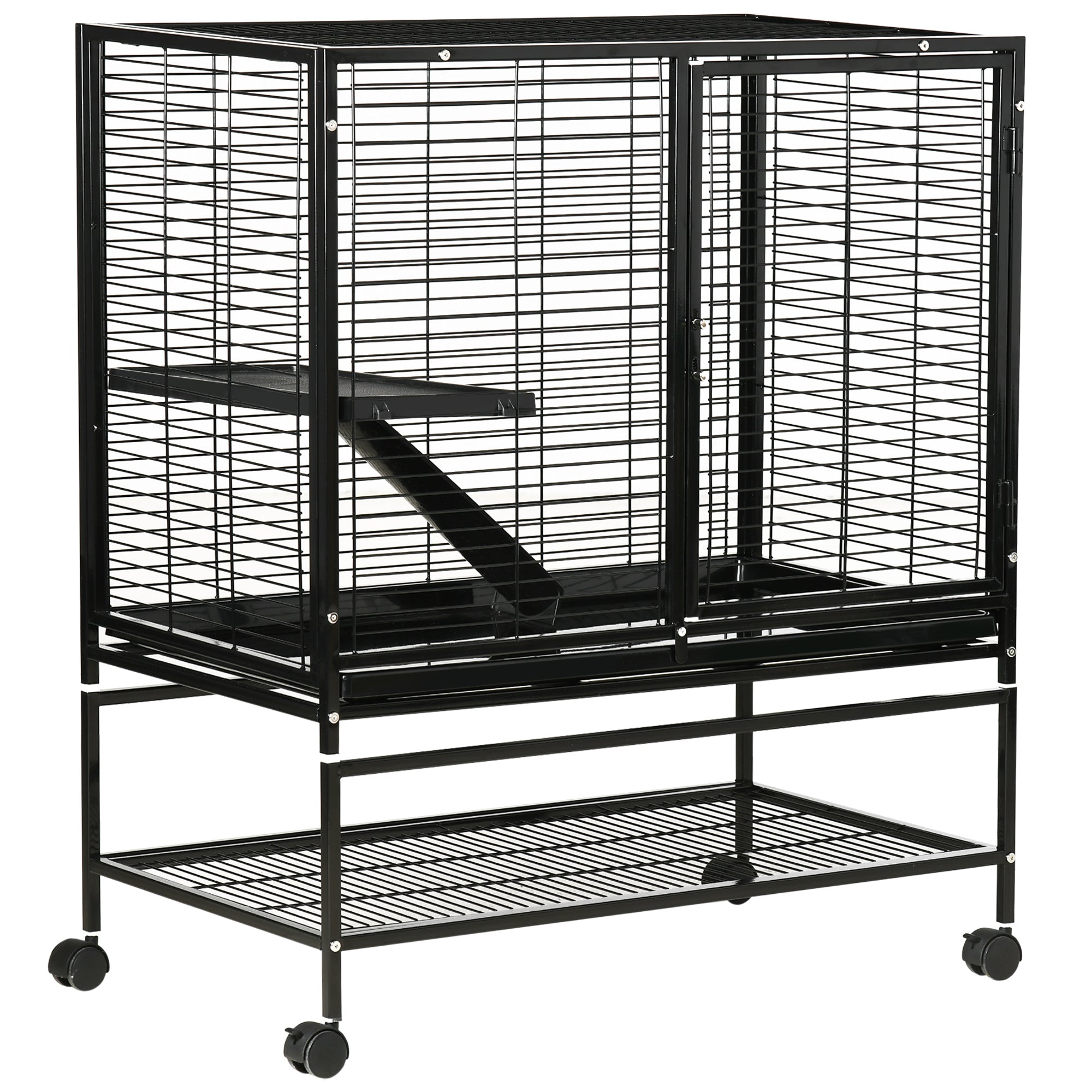 PawHut 42" Small Animal Cage with Wheels Removable Tray, 2-Tier Pet Playpen for Ferrets Chinchillas Guinea Pigs Kittens with Platform, Ramp