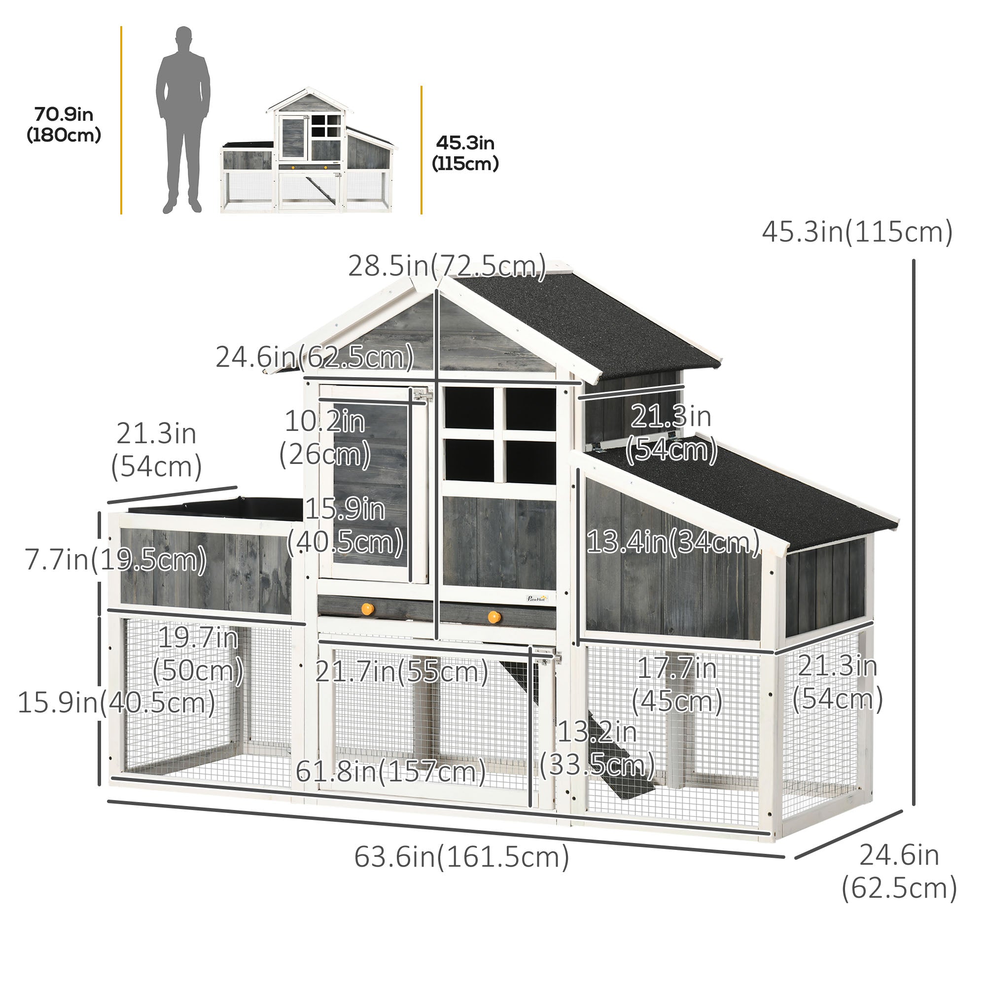 PawHut 63.5" Chicken Coop, Wooden Hen House, Quail hutch with Nesting Box, Slide-out Tray, Asphalt Roof, Planting Lattice, Grey