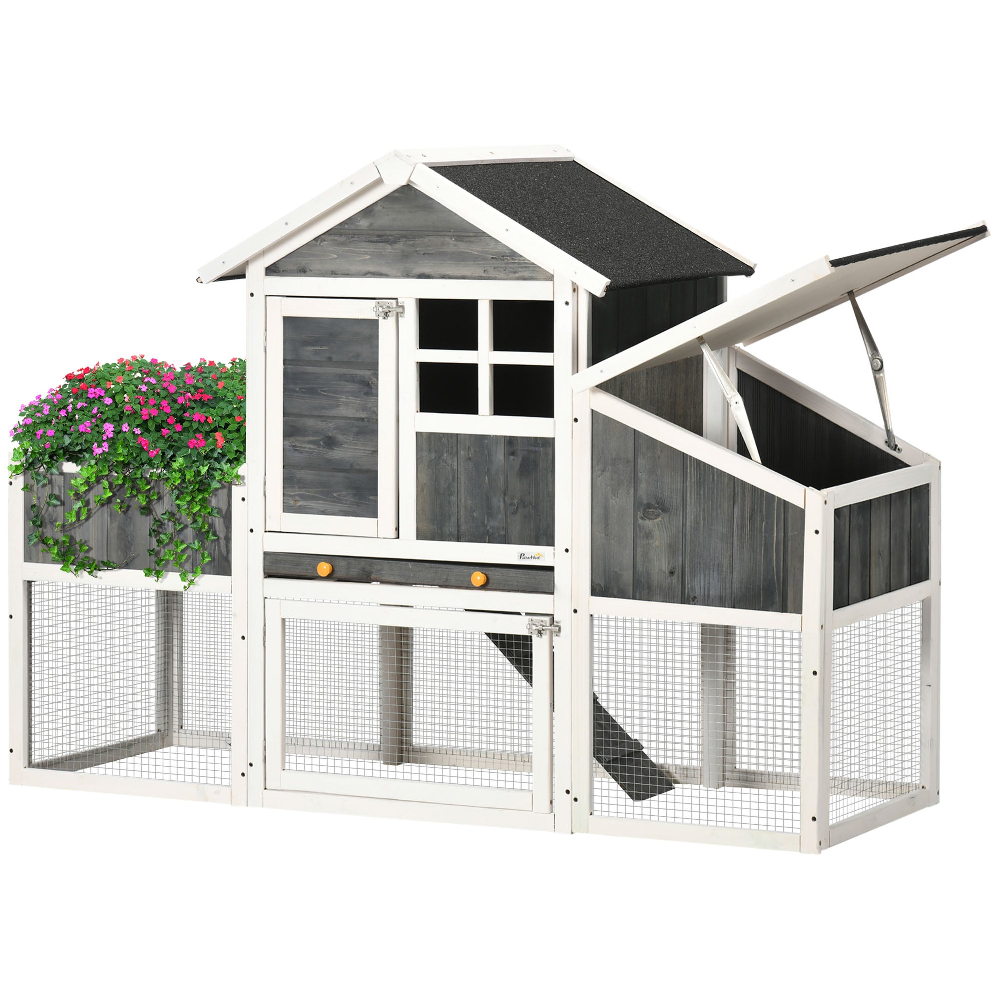 PawHut 63" Wooden Chicken Coop with Garden Bed, Small Outdoor Hen House with Nesting Box Removable Tray, Ramps Run, for Garden Backyard, Storm Gray