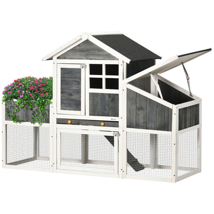 PawHut 63" Wooden Chicken Coop with Garden Bed, Small Outdoor Hen House with Nesting Box Removable Tray, Ramps Run, for Garden Backyard, Storm Gray