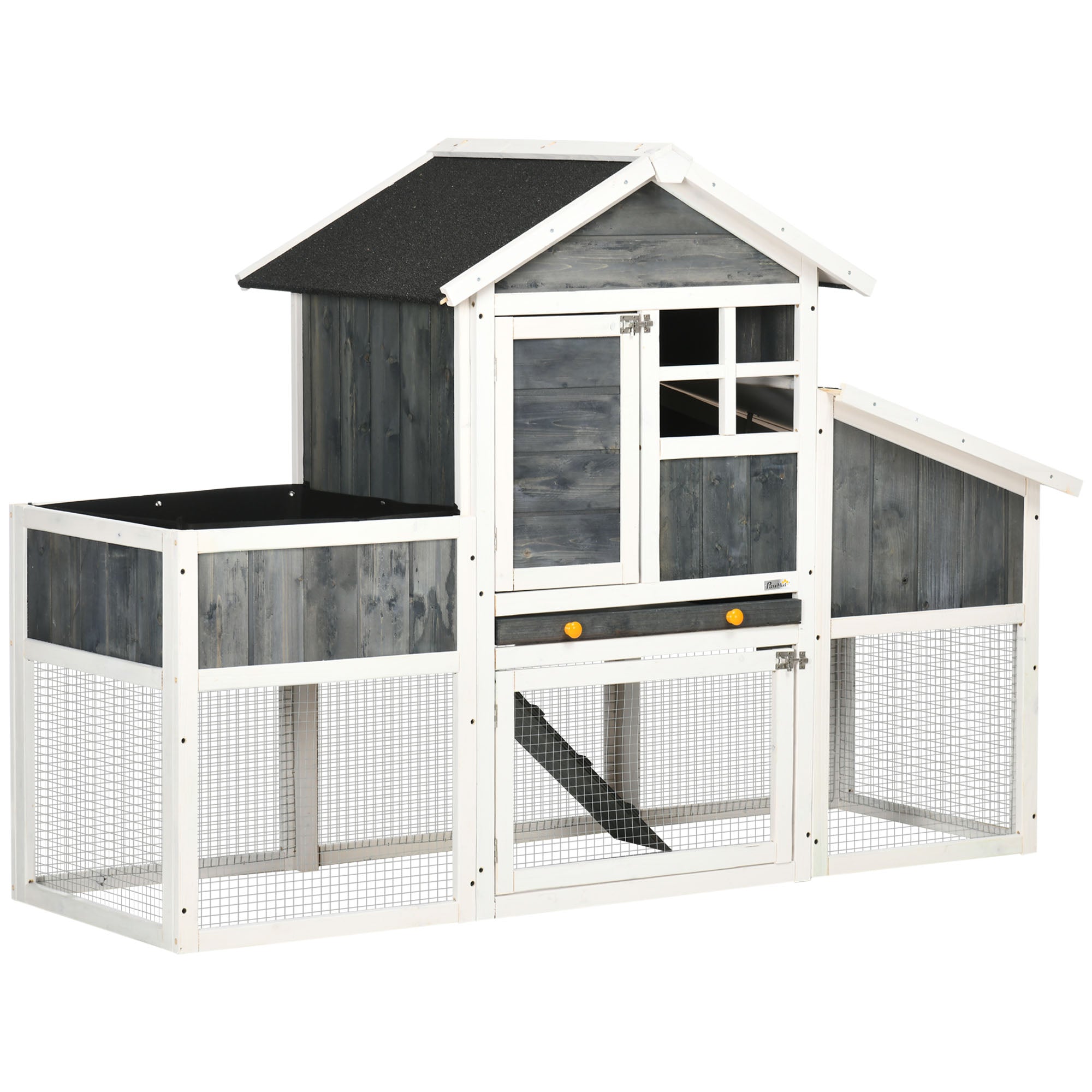 PawHut 63" Wooden Chicken Coop with Garden Bed, Small Outdoor Hen House with Nesting Box Removable Tray, Ramps Run, for Garden Backyard, Storm Gray