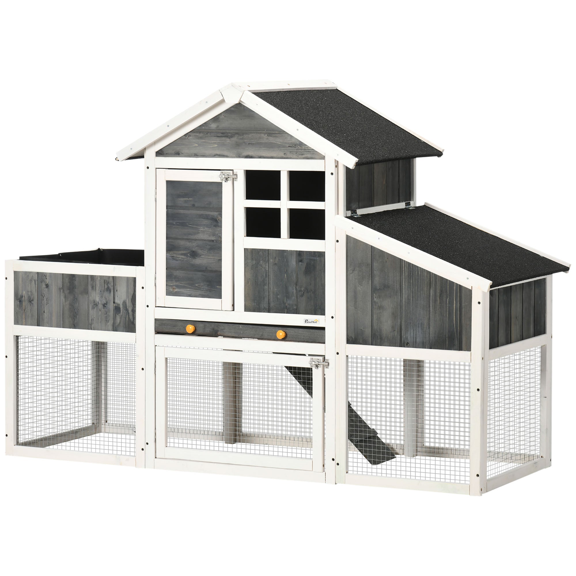 PawHut 63" Wooden Chicken Coop with Garden Bed, Small Outdoor Hen House with Nesting Box Removable Tray, Ramps Run, for Garden Backyard, Storm Gray