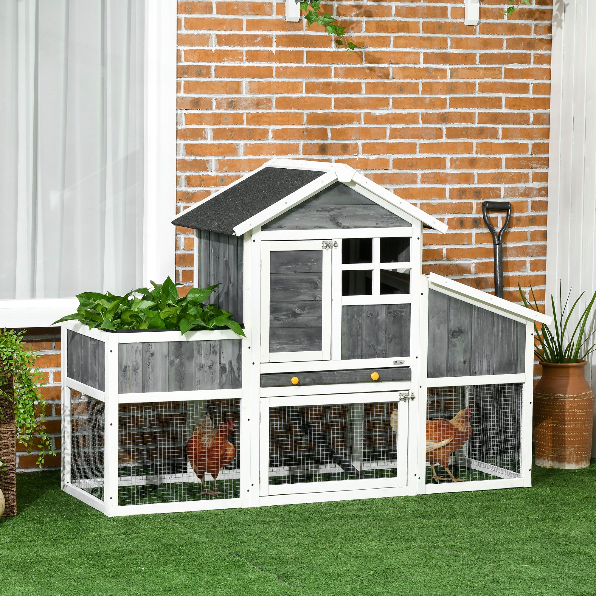 PawHut 63" Wooden Chicken Coop with Garden Bed, Small Outdoor Hen House with Nesting Box Removable Tray, Ramps Run, for Garden Backyard, Storm Gray