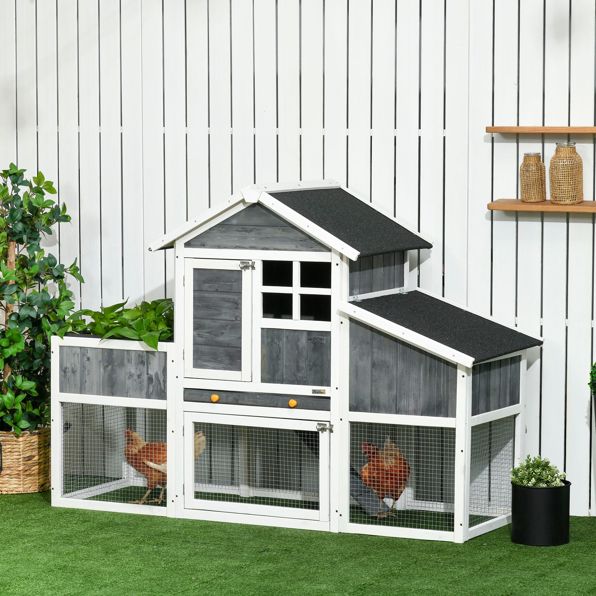 PawHut 63.5" Chicken Coop, Wooden Hen House, Quail hutch with Nesting Box, Slide-out Tray, Asphalt Roof, Planting Lattice, Grey
