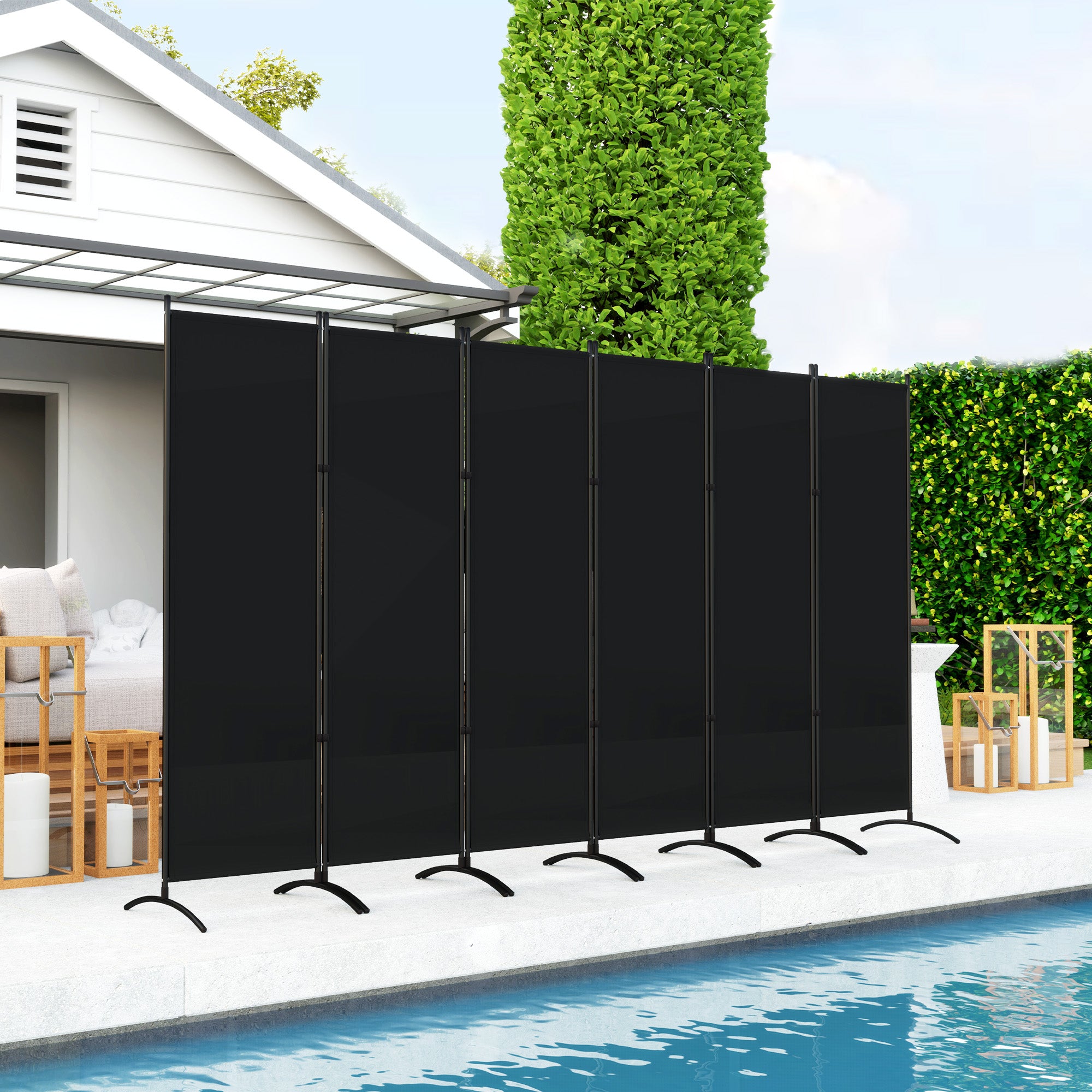 Outsunny 6 Panel Folding Outdoor Privacy Screen, 5.7FT Tall Room Divider with UV30+ Protection, Freestanding Privacy Panel Partition with Stable Base for Indoor Outdoor, Black