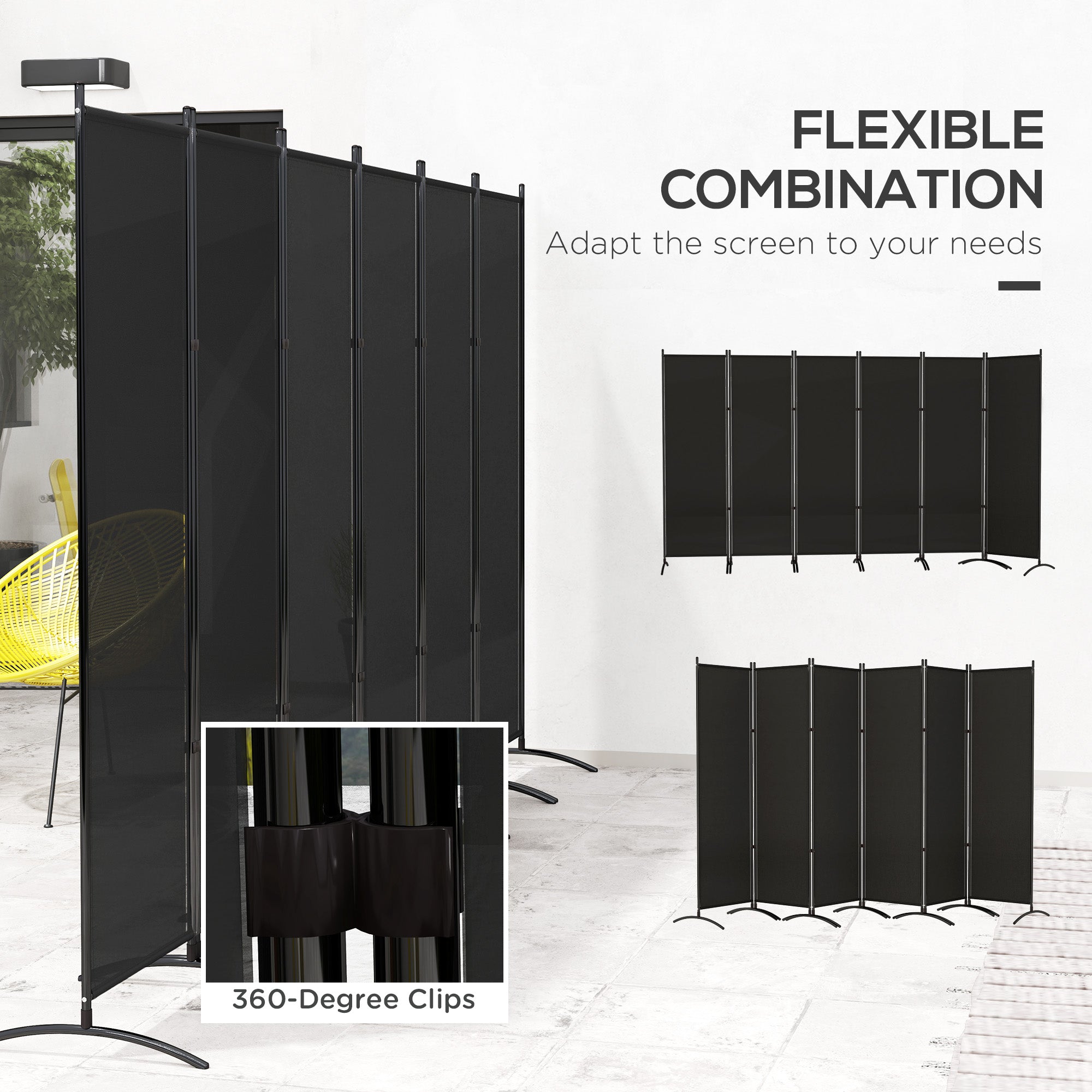 Outsunny 6 Panel Folding Outdoor Privacy Screen, 5.7FT Tall Room Divider with UV30+ Protection, Freestanding Privacy Panel Partition with Stable Base for Indoor Outdoor, Black