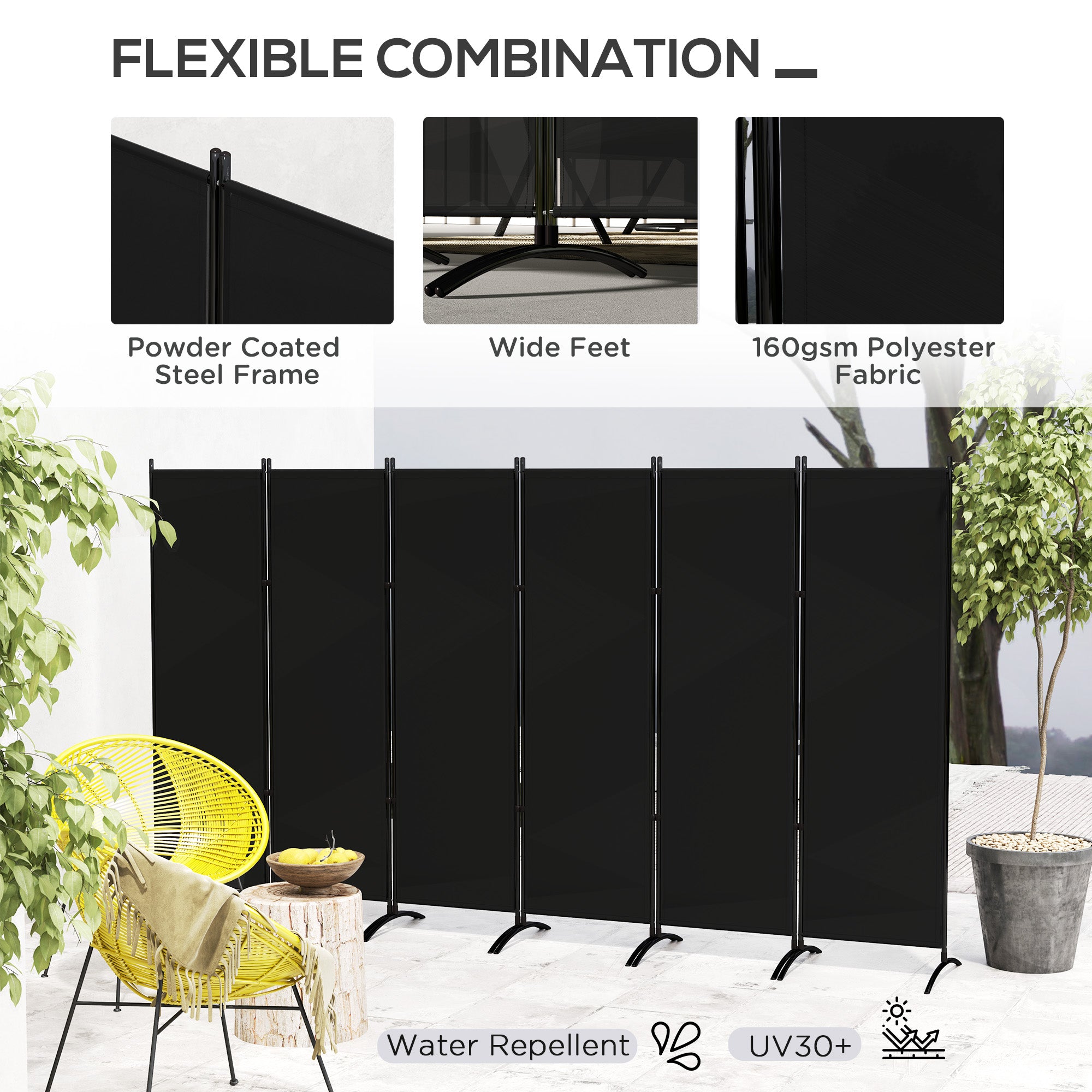 Outsunny 6 Panel Folding Outdoor Privacy Screen, 5.7FT Tall Room Divider with UV30+ Protection, Freestanding Privacy Panel Partition with Stable Base for Indoor Outdoor, Black