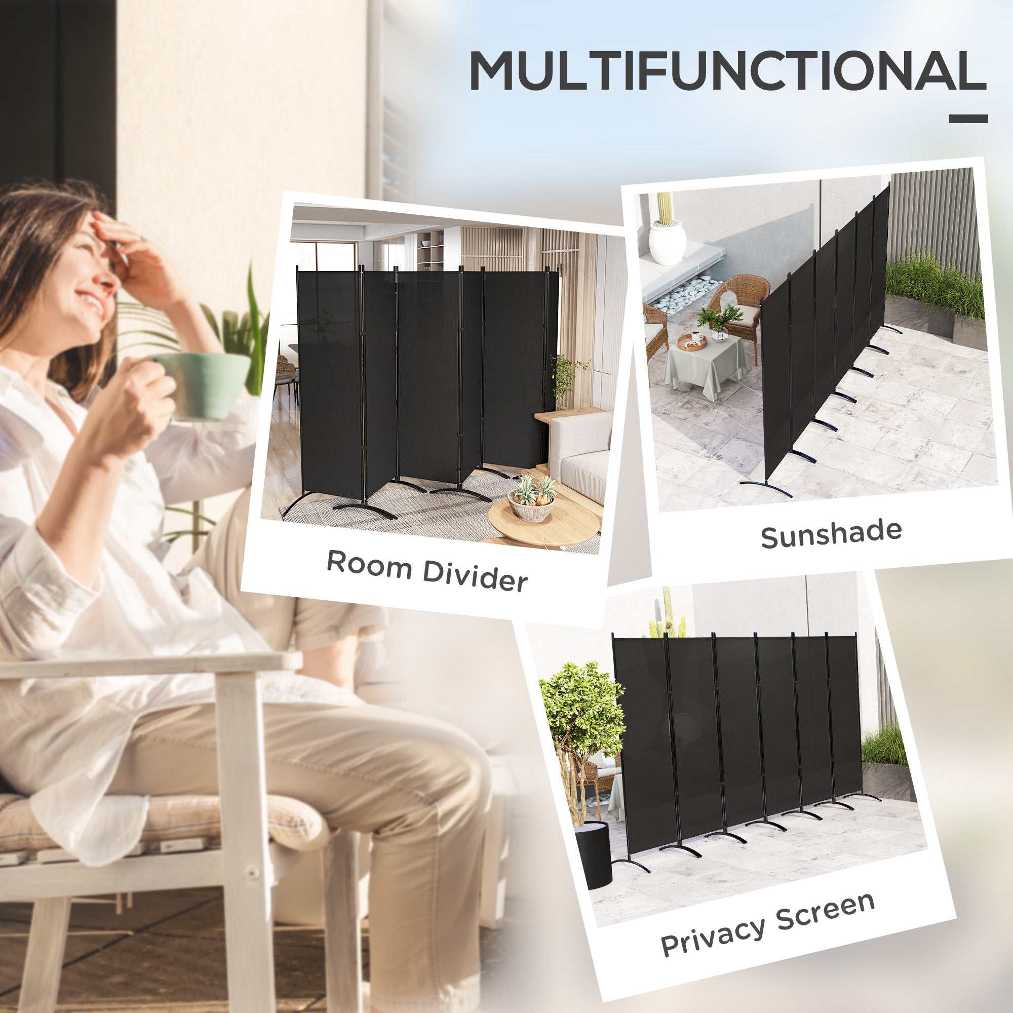 Outsunny 6 Panel Folding Outdoor Privacy Screen, 5.7FT Tall Room Divider with UV30+ Protection, Freestanding Privacy Panel Partition with Stable Base for Indoor Outdoor, Black