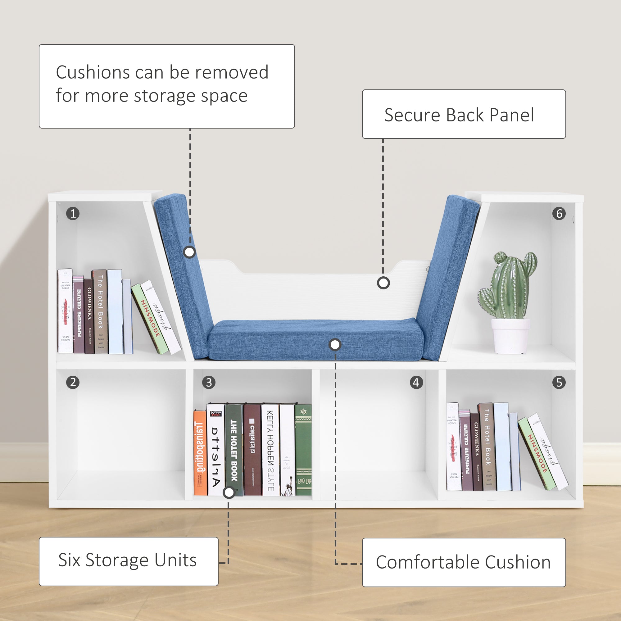 HOMCOM 6-Cubby Bookcase with Seat Cushion, Cube Storage Shelf Bookshelf with Reading Nook for Home Office, Study, Blue