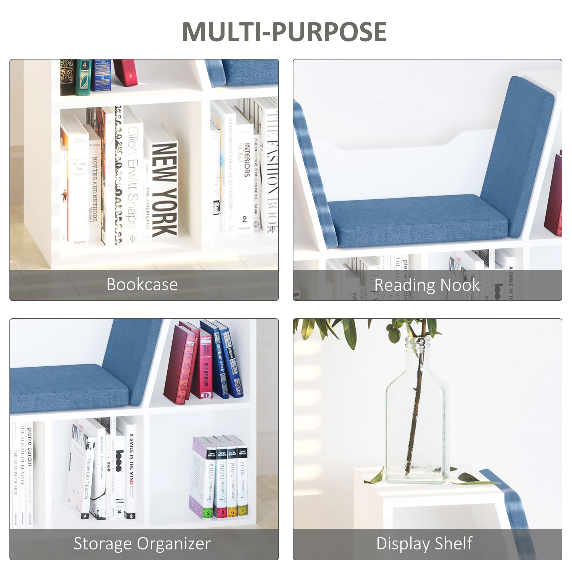 HOMCOM 6-Cubby Bookcase with Seat Cushion, Cube Storage Shelf Bookshelf with Reading Nook for Home Office, Study, Blue