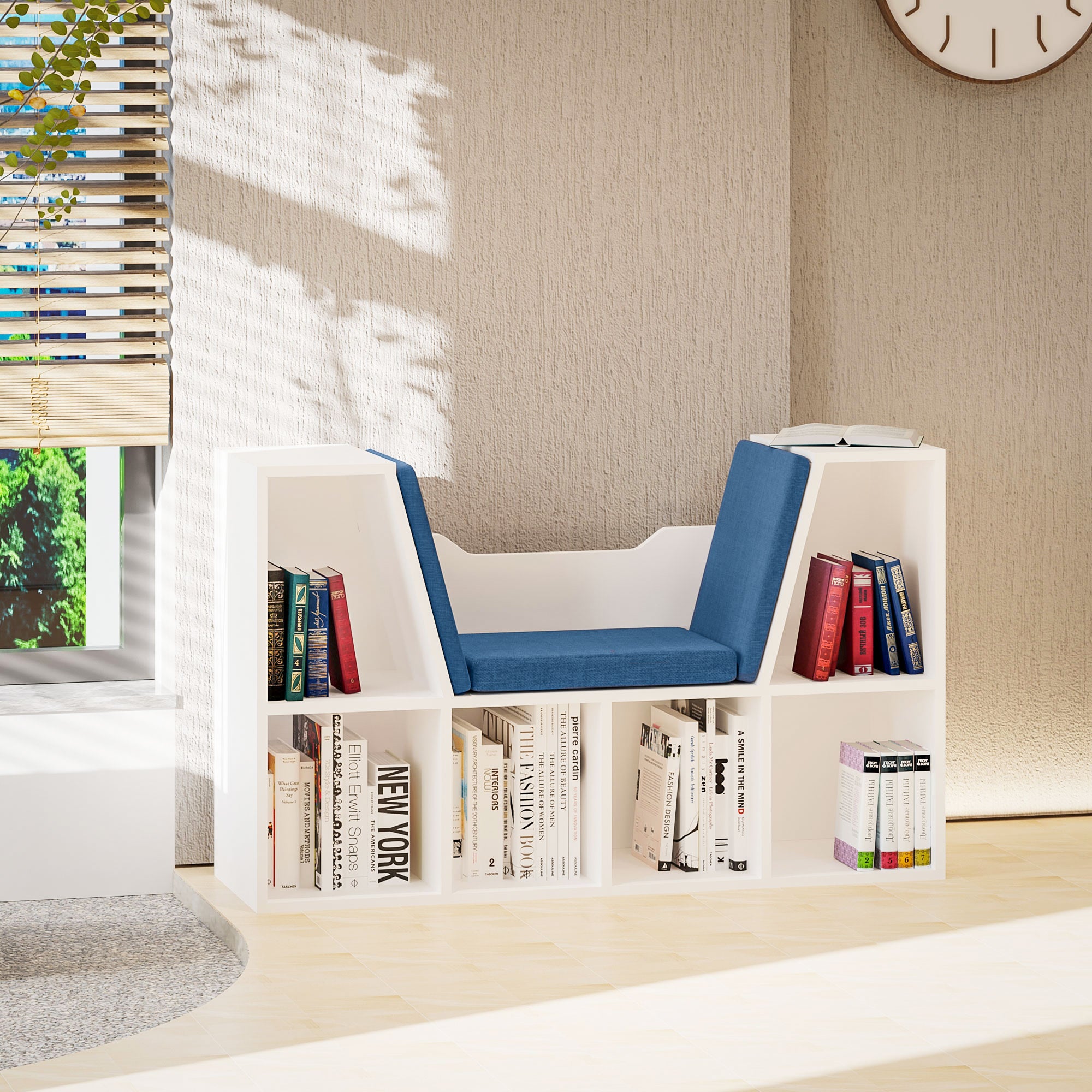 HOMCOM 6-Cubby Bookcase with Seat Cushion, Cube Storage Shelf Bookshelf with Reading Nook for Home Office, Study, Blue