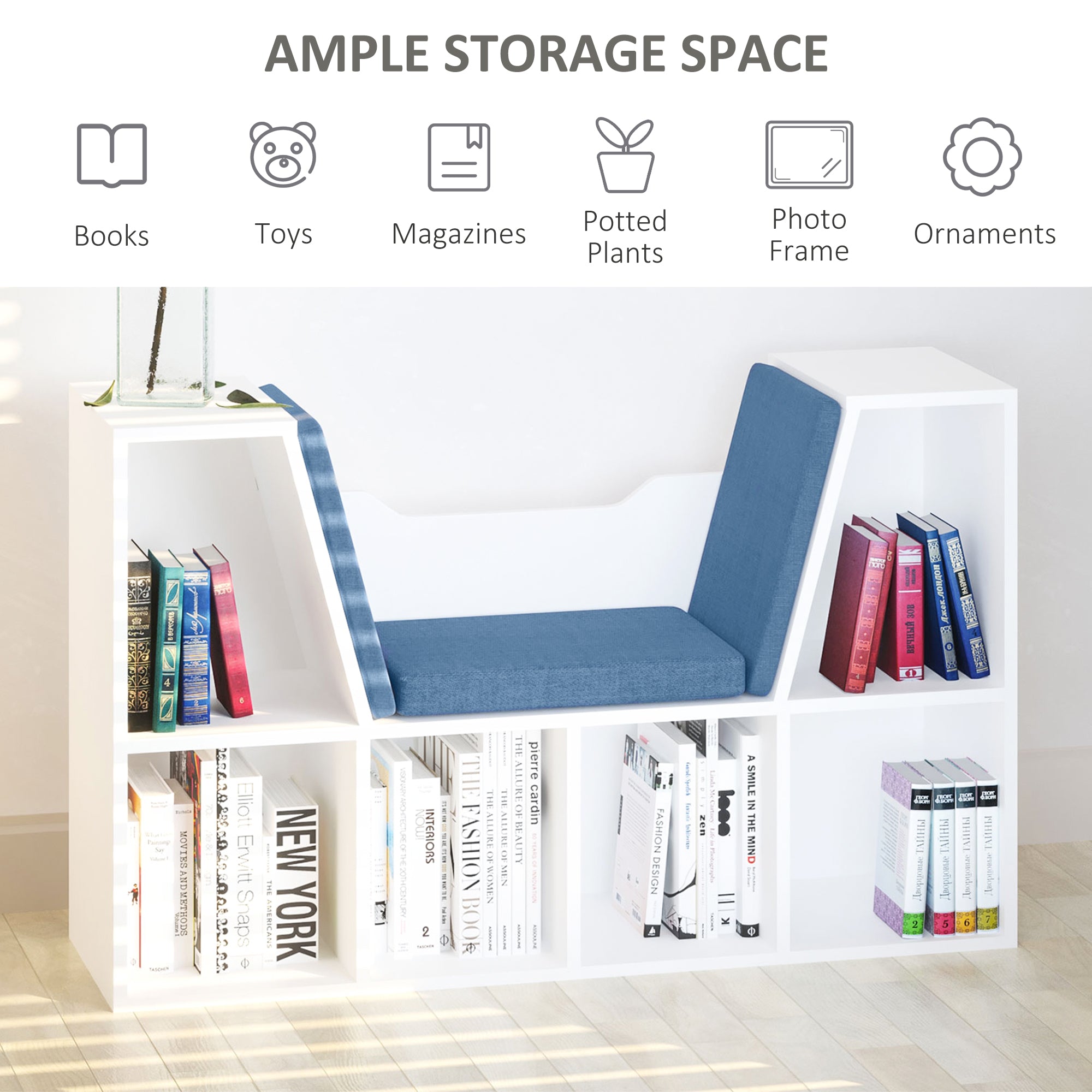 HOMCOM 6-Cubby Bookcase with Seat Cushion, Cube Storage Shelf Bookshelf with Reading Nook for Home Office, Study, Blue