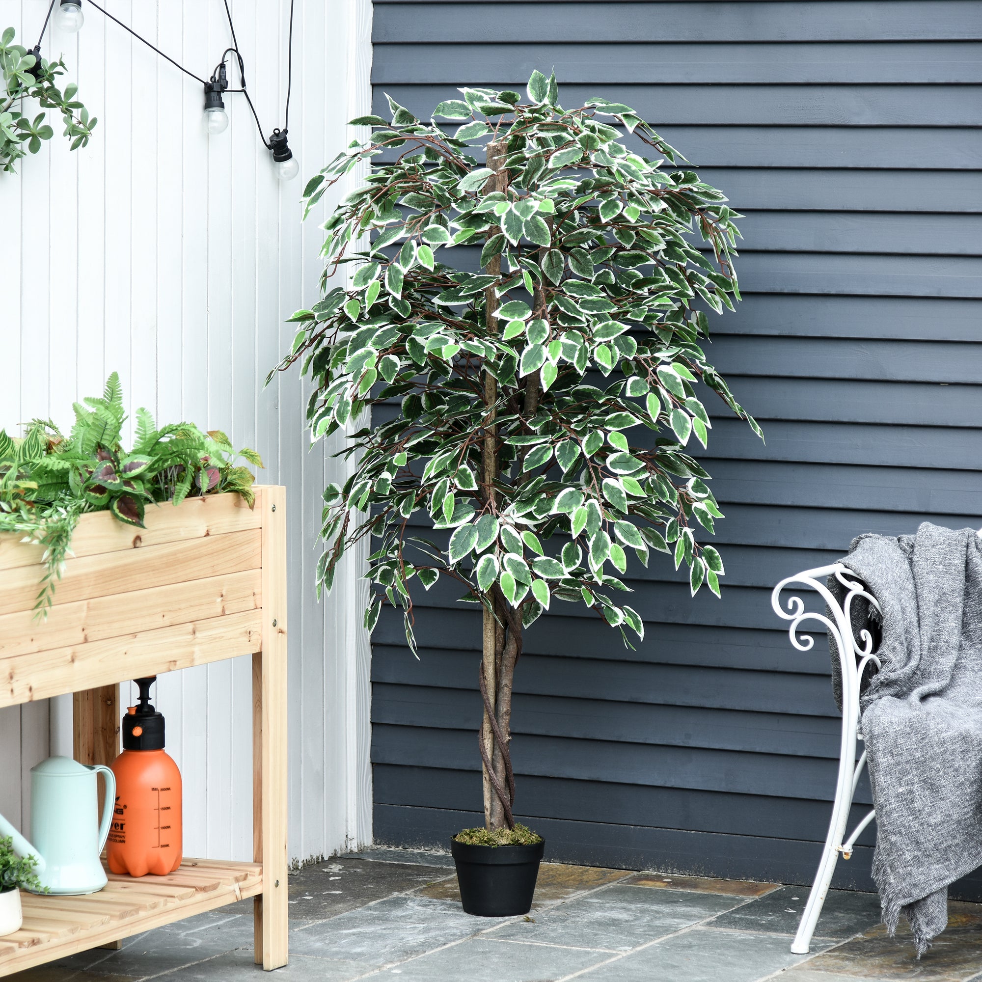 Outsunny 5.3FT Artificial Ficus Tree, Fake Tree with Leaves, Faux Plant in Nursery Pot for Indoor and Outdoor Decoration