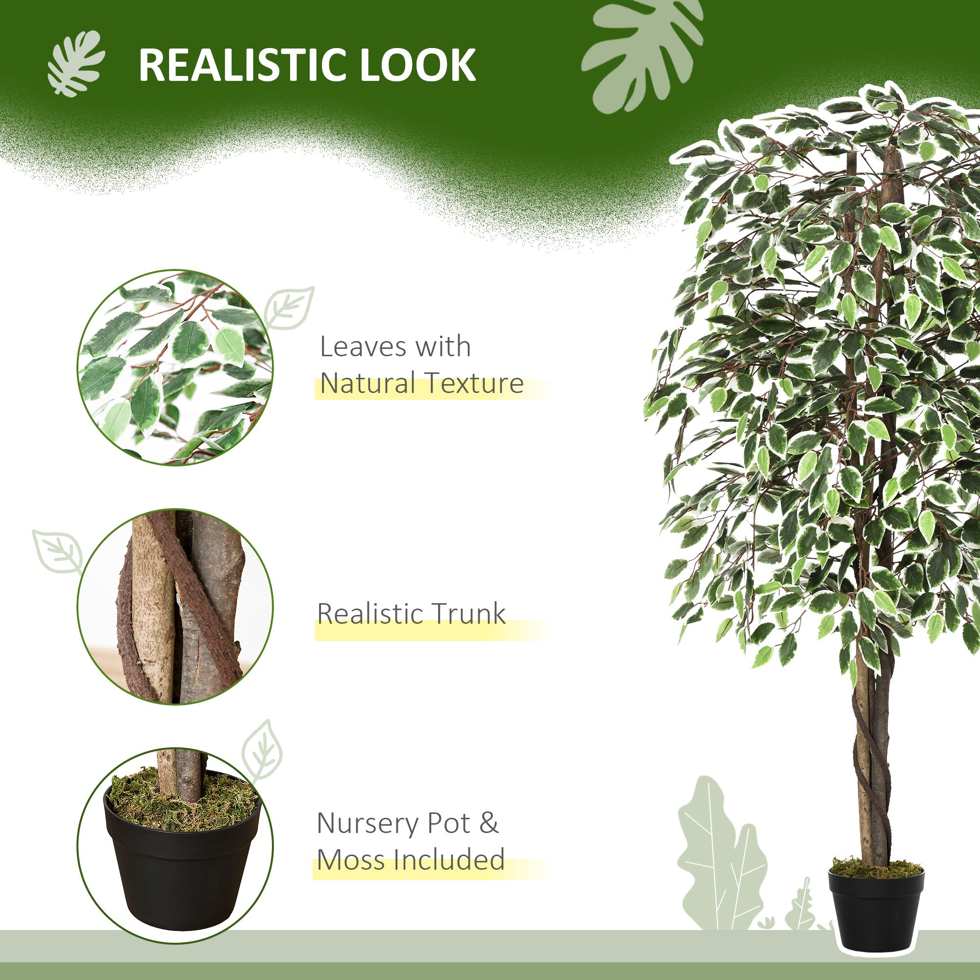 Outsunny 5.3FT Artificial Ficus Tree, Fake Tree with Leaves, Faux Plant in Nursery Pot for Indoor and Outdoor Decoration