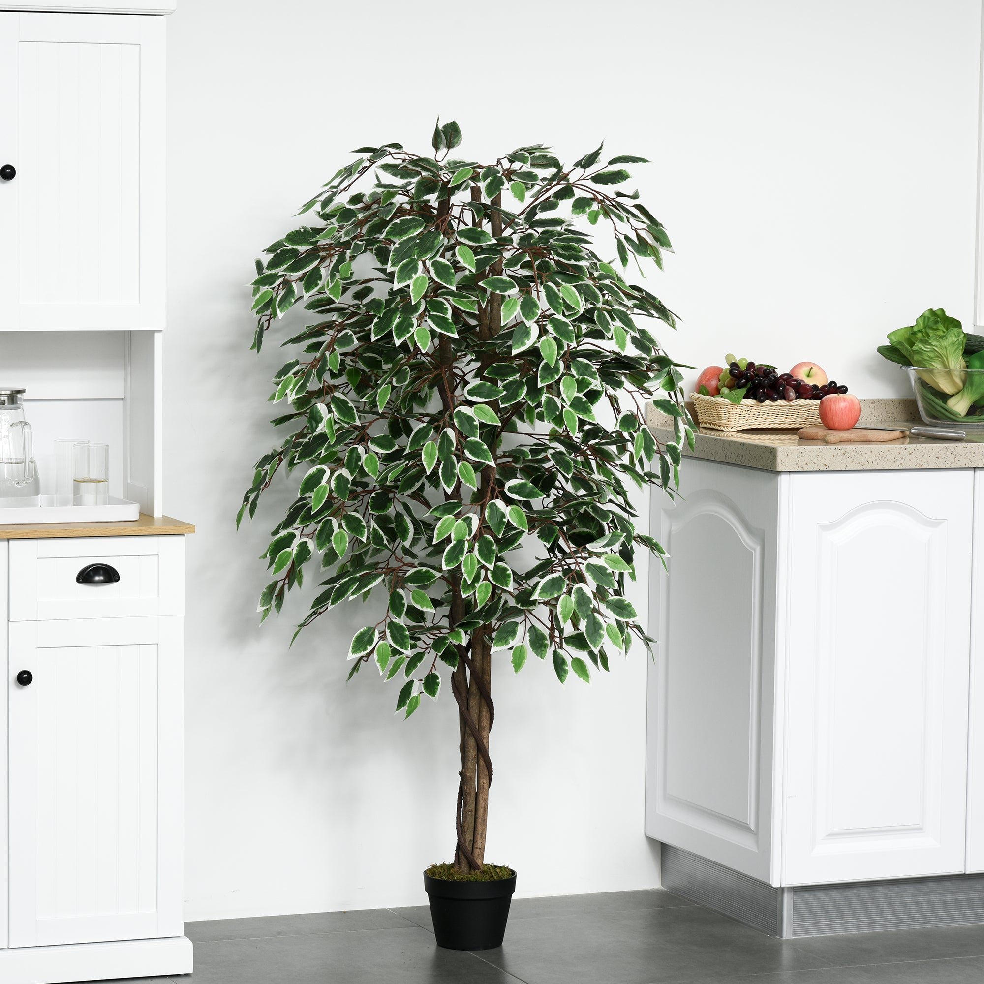 Outsunny 5.3FT Artificial Ficus Tree, Fake Tree with Leaves, Faux Plant in Nursery Pot for Indoor and Outdoor Decoration