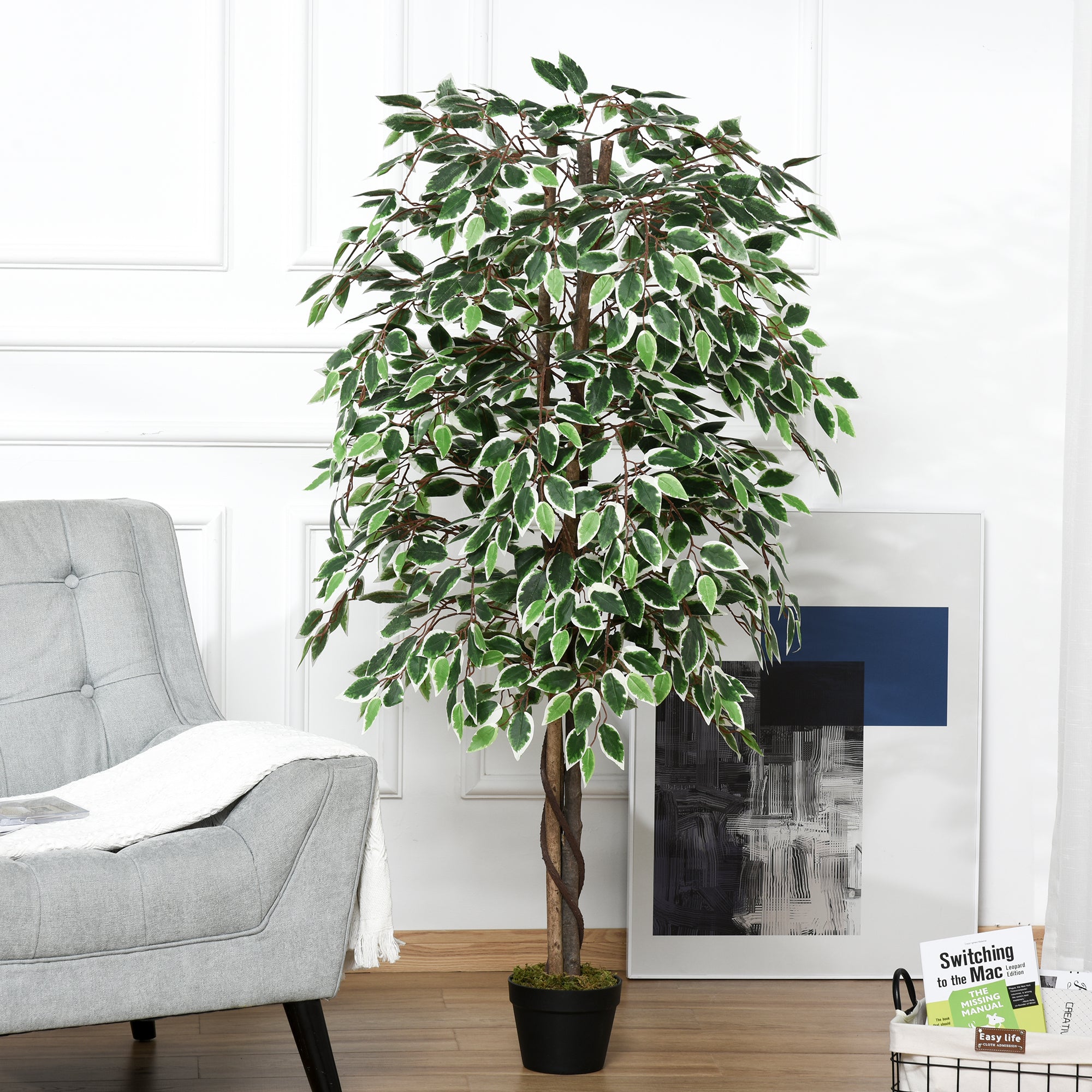 Outsunny 5.3FT Artificial Ficus Tree, Fake Tree with Leaves, Faux Plant in Nursery Pot for Indoor and Outdoor Decoration