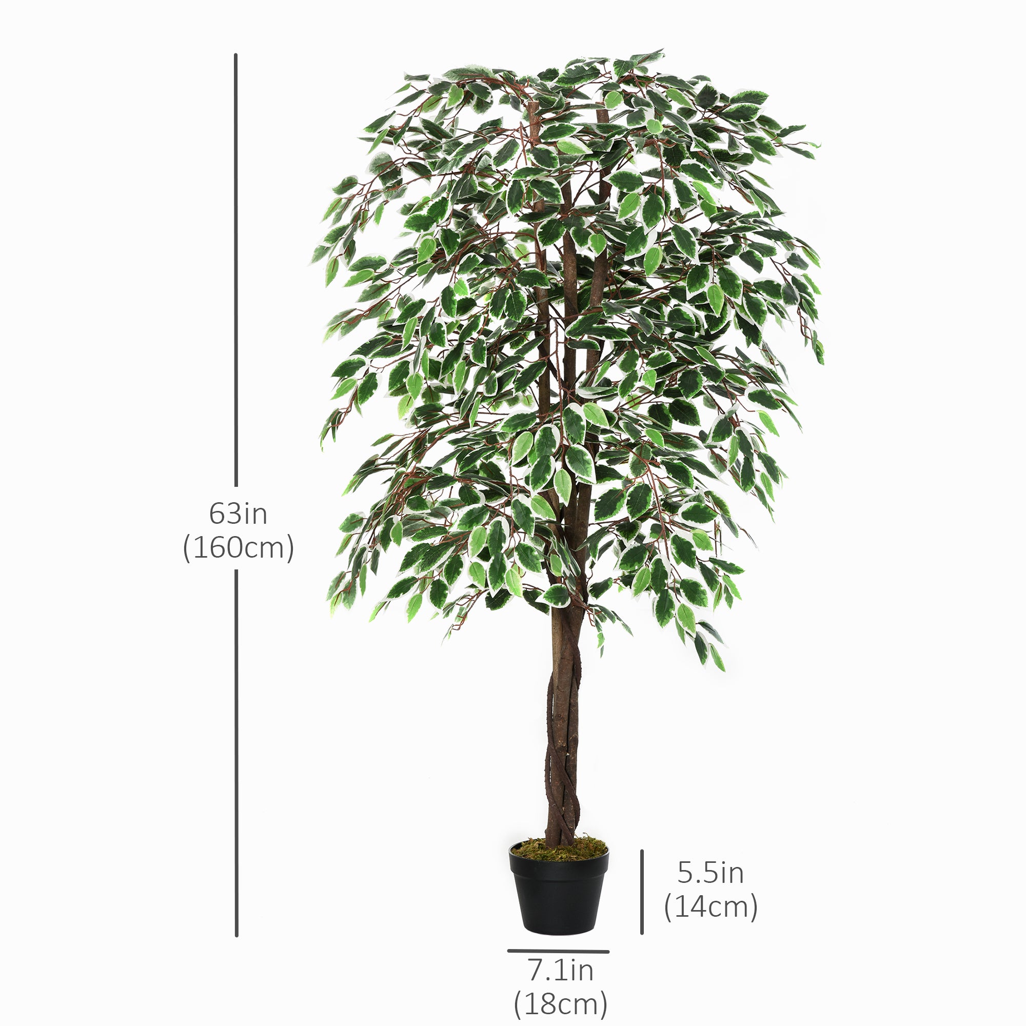 Outsunny 5.3FT Artificial Ficus Tree, Fake Tree with Leaves, Faux Plant in Nursery Pot for Indoor and Outdoor Decoration