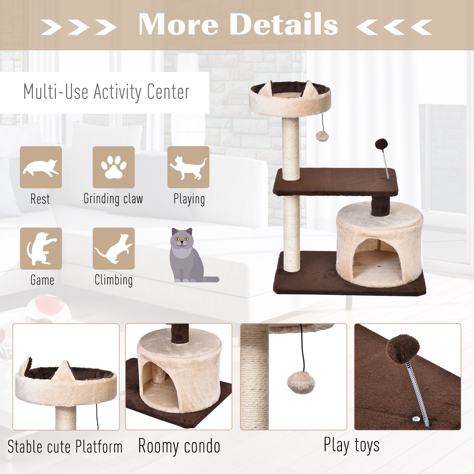 PawHut 81cm/32" Multi-level Cat Tree Scratcher Kitty Activity Center,Condo, Perch, Jumping Platforms,Toys Brown and Beige