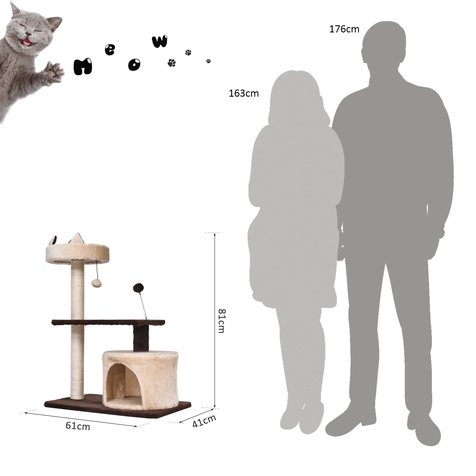PawHut 81cm/32" Multi-level Cat Tree Scratcher Kitty Activity Center,Condo, Perch, Jumping Platforms,Toys Brown and Beige